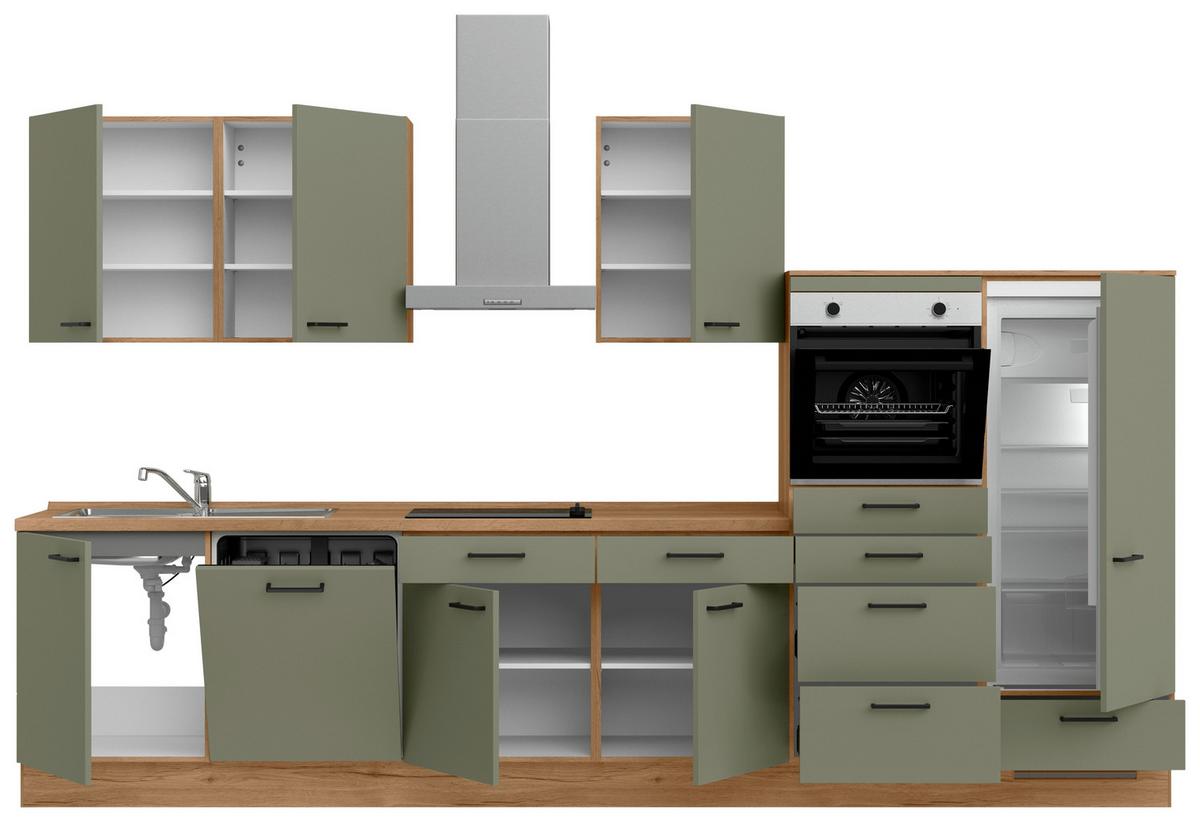 Kuchyňská linka 360 cm, olivově zelená - barvy dubu/černá, Moderní, kov/kompozitní dřevo (360cm) - Nobilia