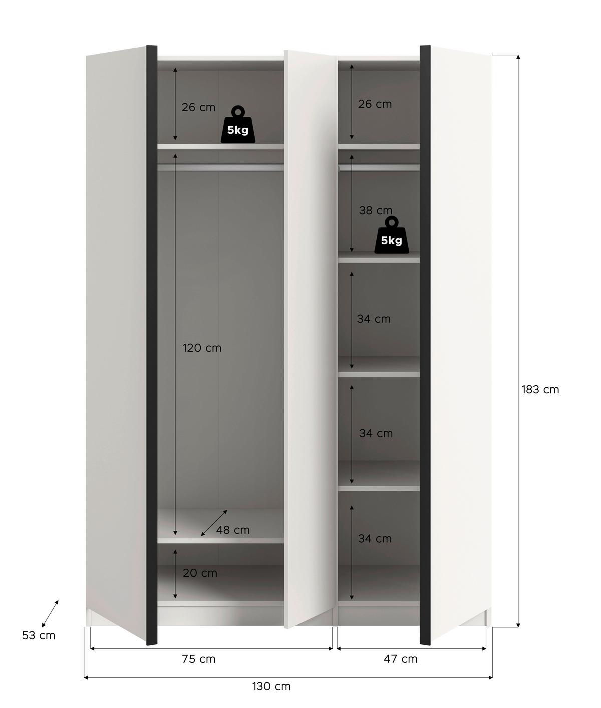 DREHTÜRENSCHRANK Oakland, Weiß B: 130 cm - Weiß, MODERN, Holzwerkstoff (130/183/53cm) - MID.YOU
