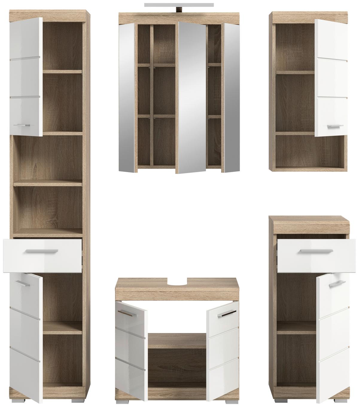 Badezimmer Lambada Eiche Dekor/Weiß B: 134 cm - Weiß Hochglanz/Silberfarben, MODERN, Glas/Holzwerkstoff (134cm) - MID.YOU