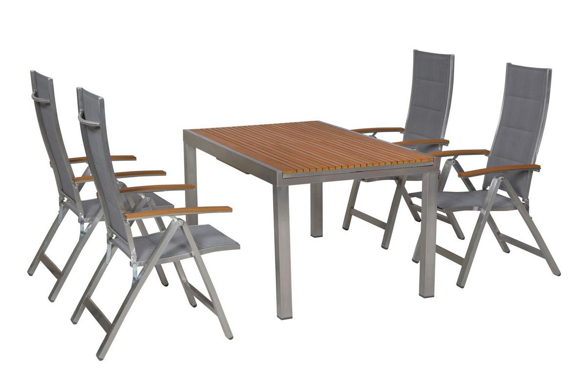 Gartentischgruppe San Remo 5 -Teilig. Grau/Natur/Silberfarben - Silberfarben/Naturfarben, KONVENTIONELL, Kunststoff/Textil - Gardenson