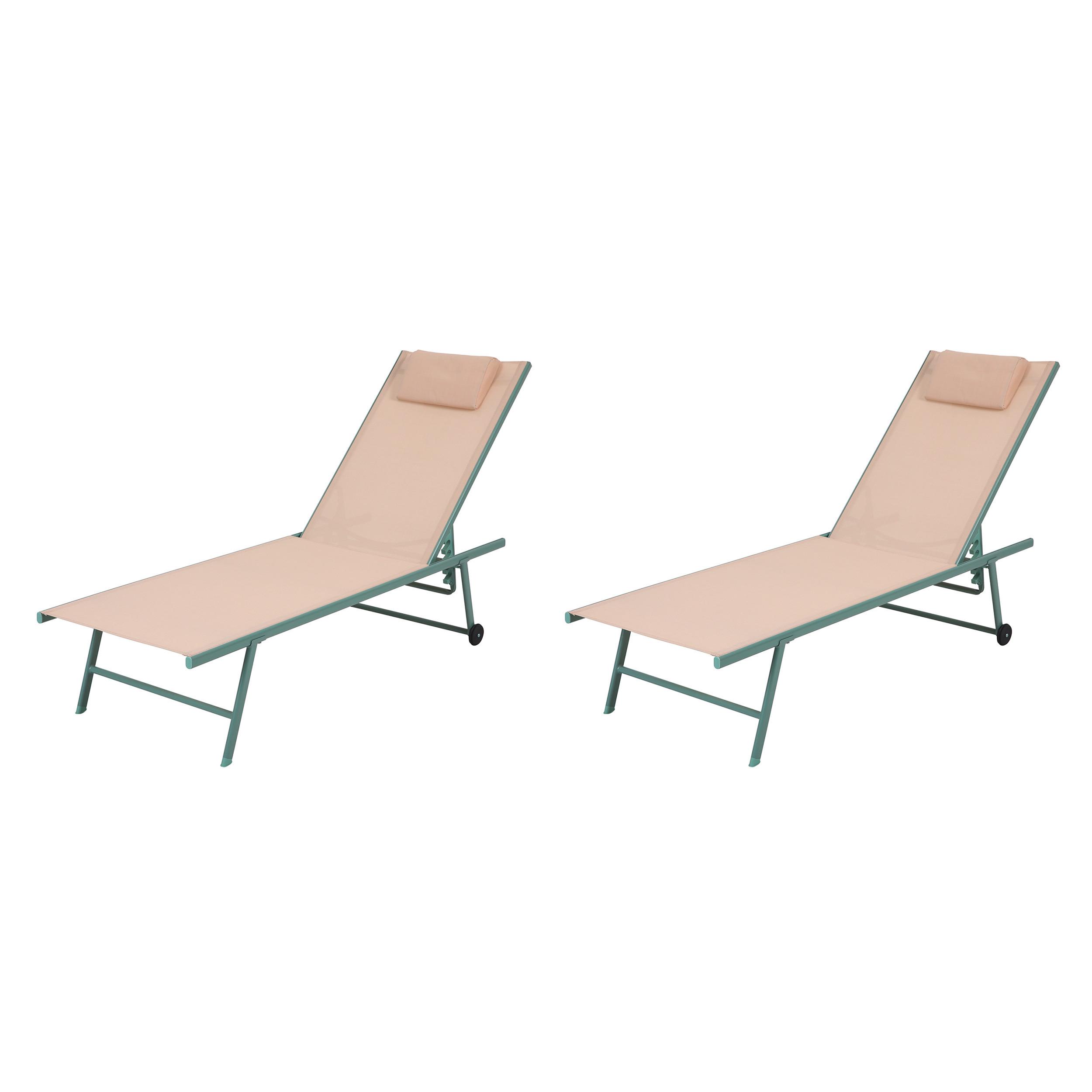 Dreibeinliege 2x Travis – Sonnenliege - Beige/Grün, Basics, Textil/Metall (55/97/185cm)