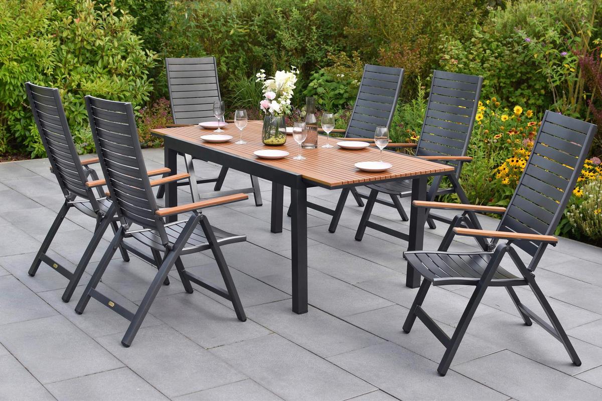 Gartentischgruppe Astros 7 -Teilig. Graphitfarben/Natur - Graphitfarben/Naturfarben, KONVENTIONELL, Kunststoff/Metall - Gardenson