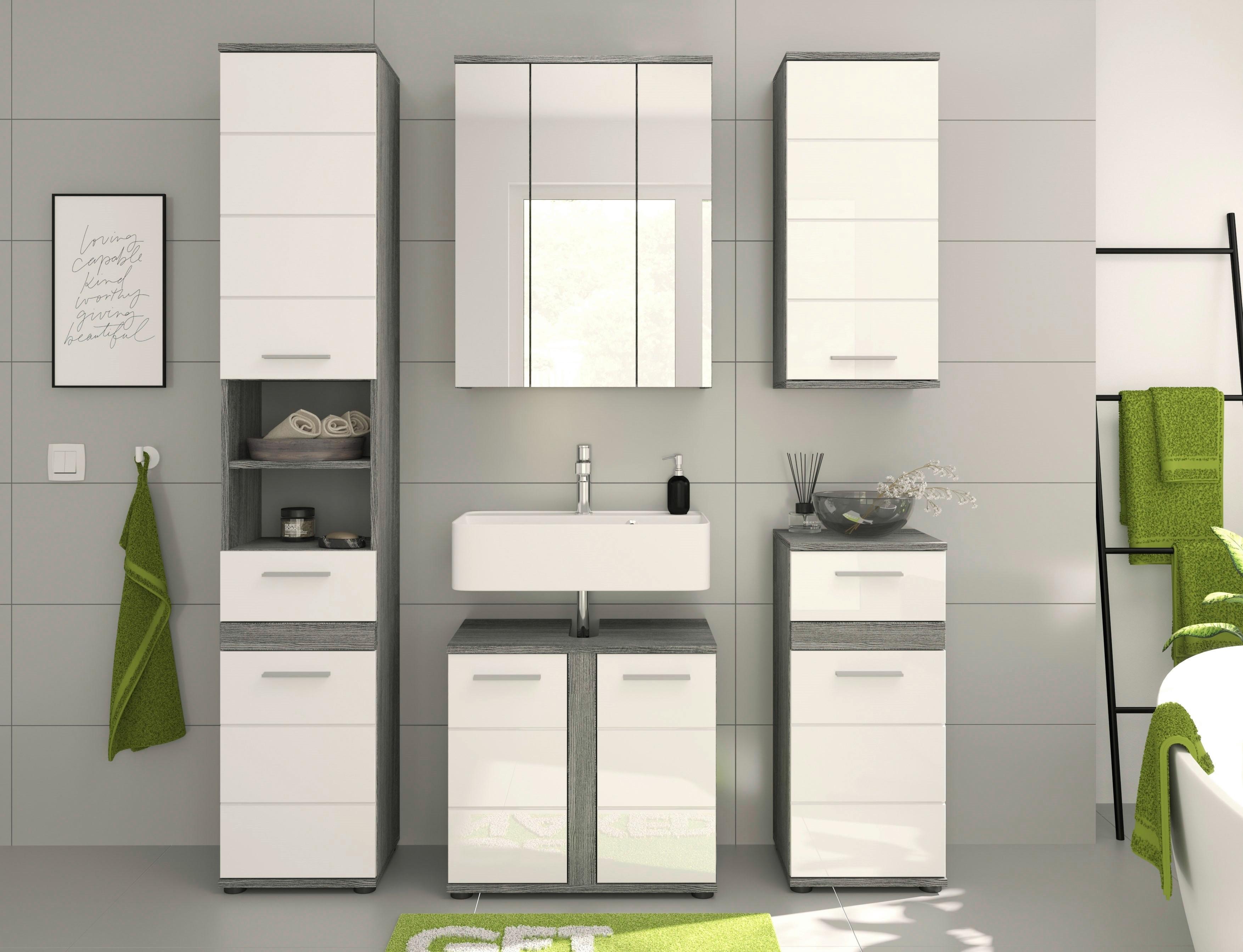 Kúpeľňa Blake, 5-dielna, biela,šedá,strieborná - čierna/biela s vysokým leskom, Modern, kompozitné drevo/plast (130cm) - MID.YOU