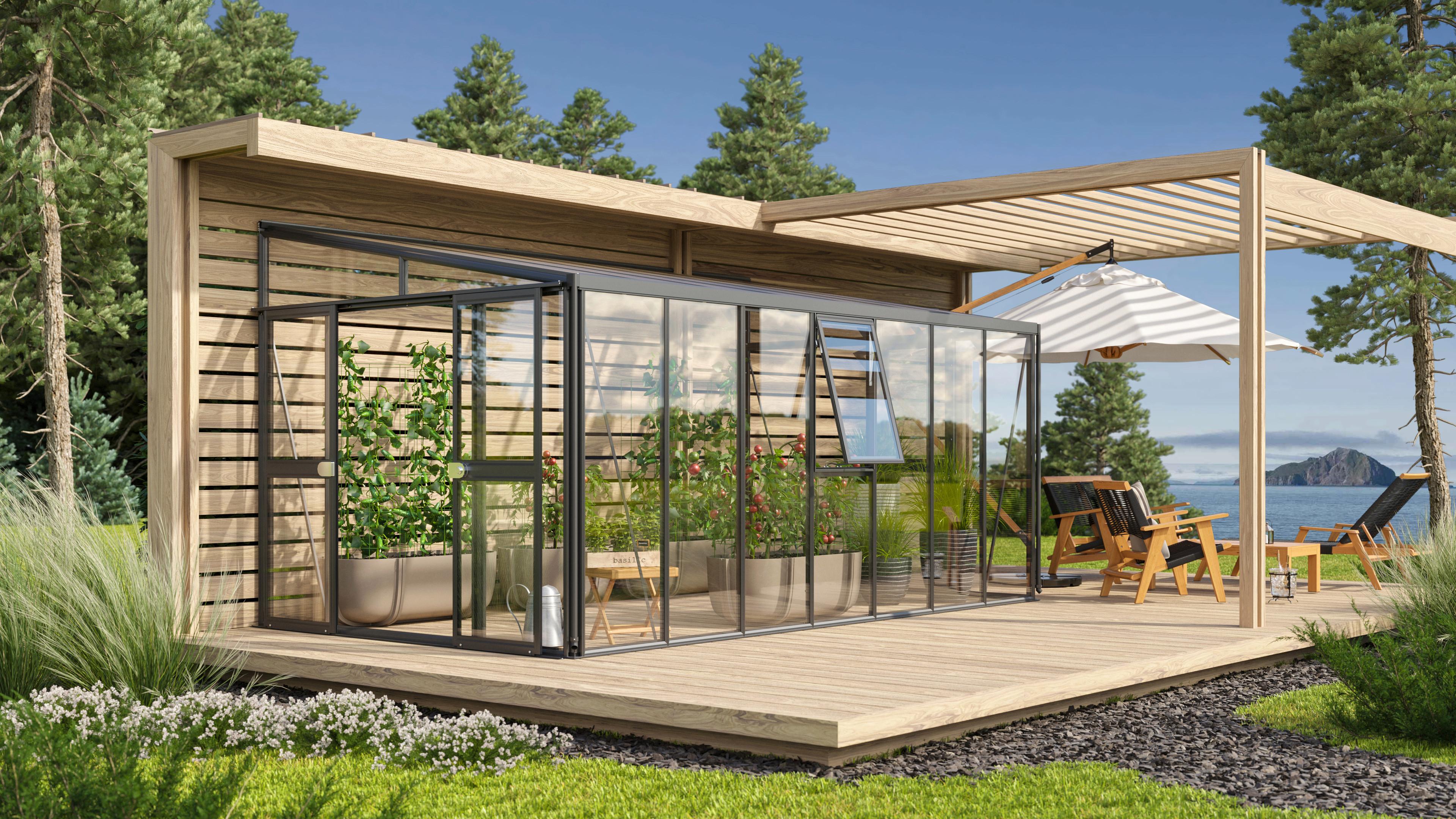 Anlehngewächshaus mit Doppelschiebetür und Aluminiumrahmen