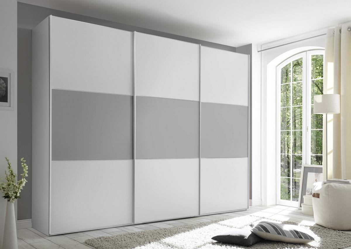 Schwebetürenschrank 298cm Includo, Weiß/grau - Weiß/Grau, MODERN (298/222/68cm) - MID.YOU