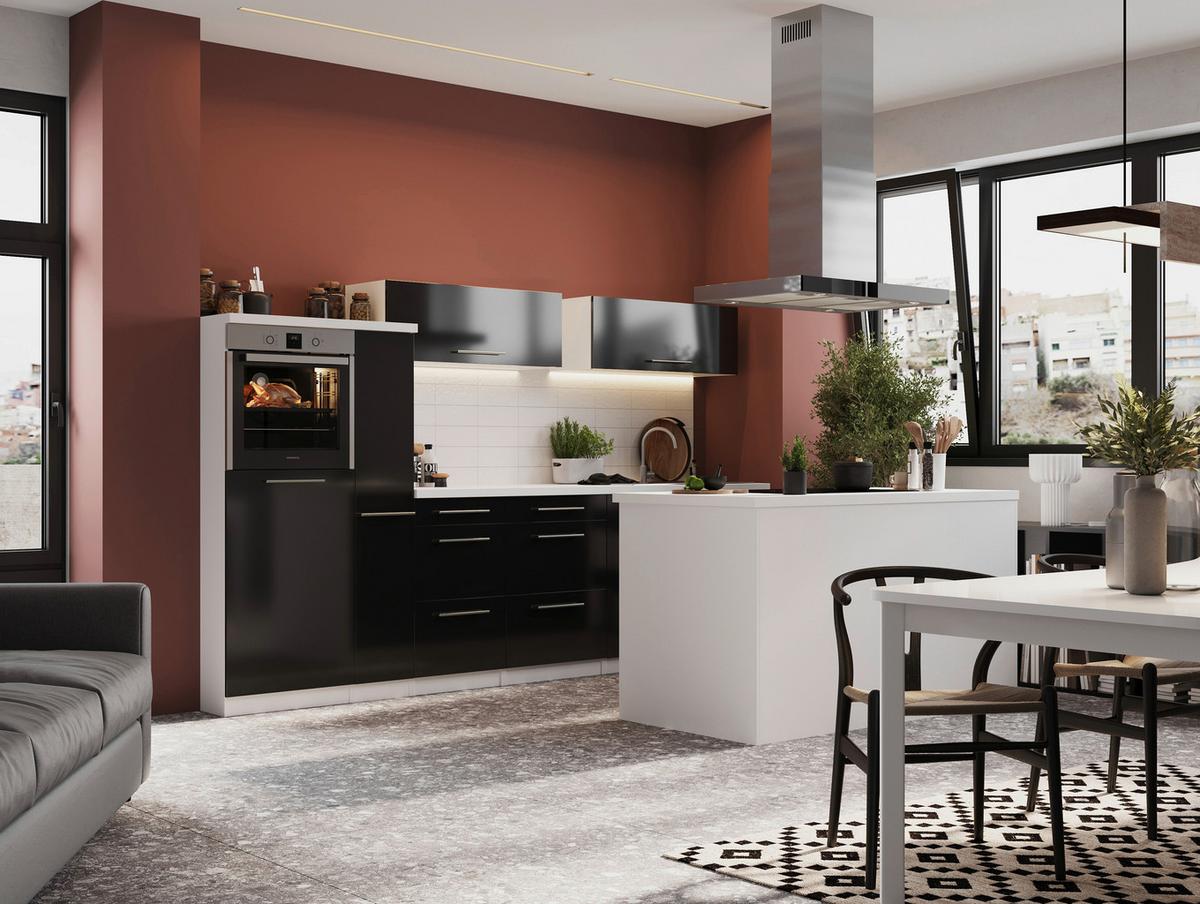 Küchenzeile Premium Mit Geräte 310 Cm Weiß/schwarz +kochinsel - Schwarz Hochglanz/Weiß, MODERN, Holzwerkstoff (310/200/270cm) - Respekta