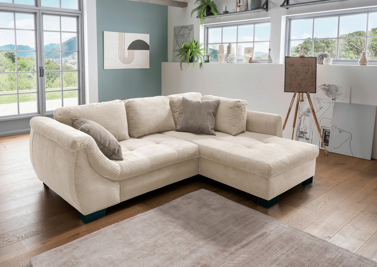 Ecksofa mit Schlaffunktion Flora Beige Cord - Graubraun/Beige, Design, Textil (250/190cm) - MID.YOU
