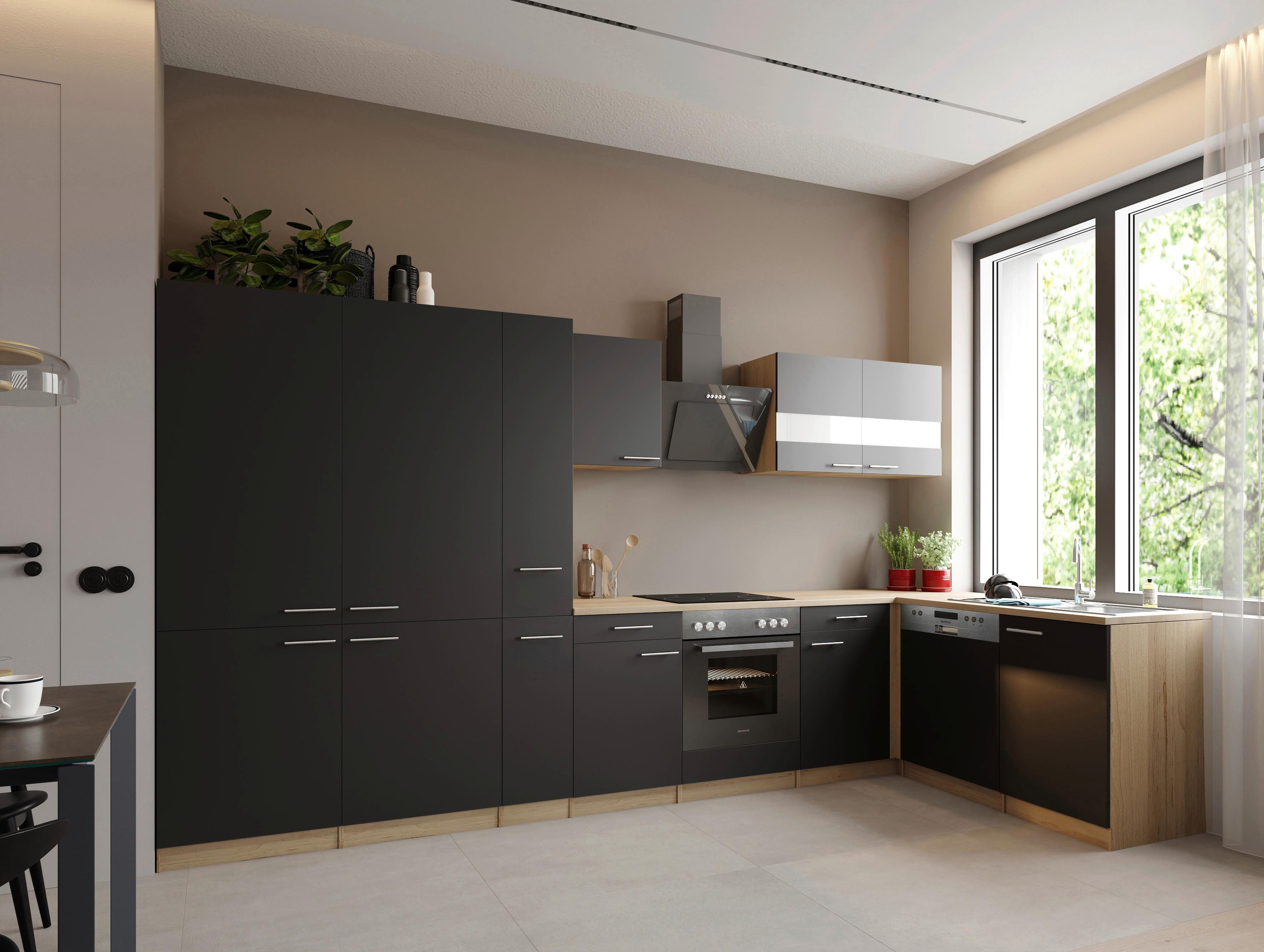 ECKKÜCHE Merle, Schwarz S: 370x172 cm - Eichefarben/Schwarz, Trend, Holzwerkstoff (370/172cm) - Respekta