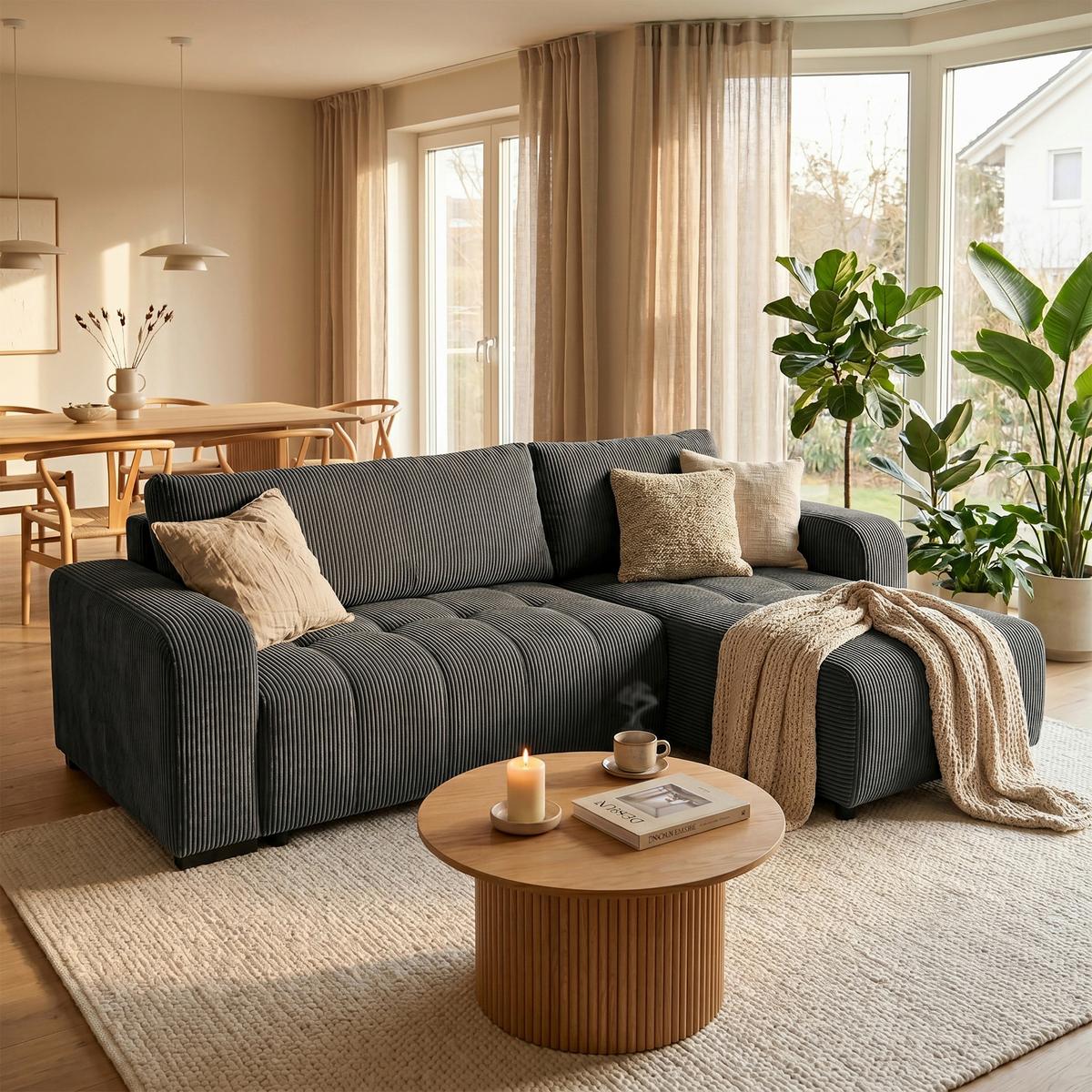 Ecksofa mit Bettfunktion Marseille, anthrazit - Anthrazit/Schwarz, Trend, Holz/Holzwerkstoff (155/240cm)