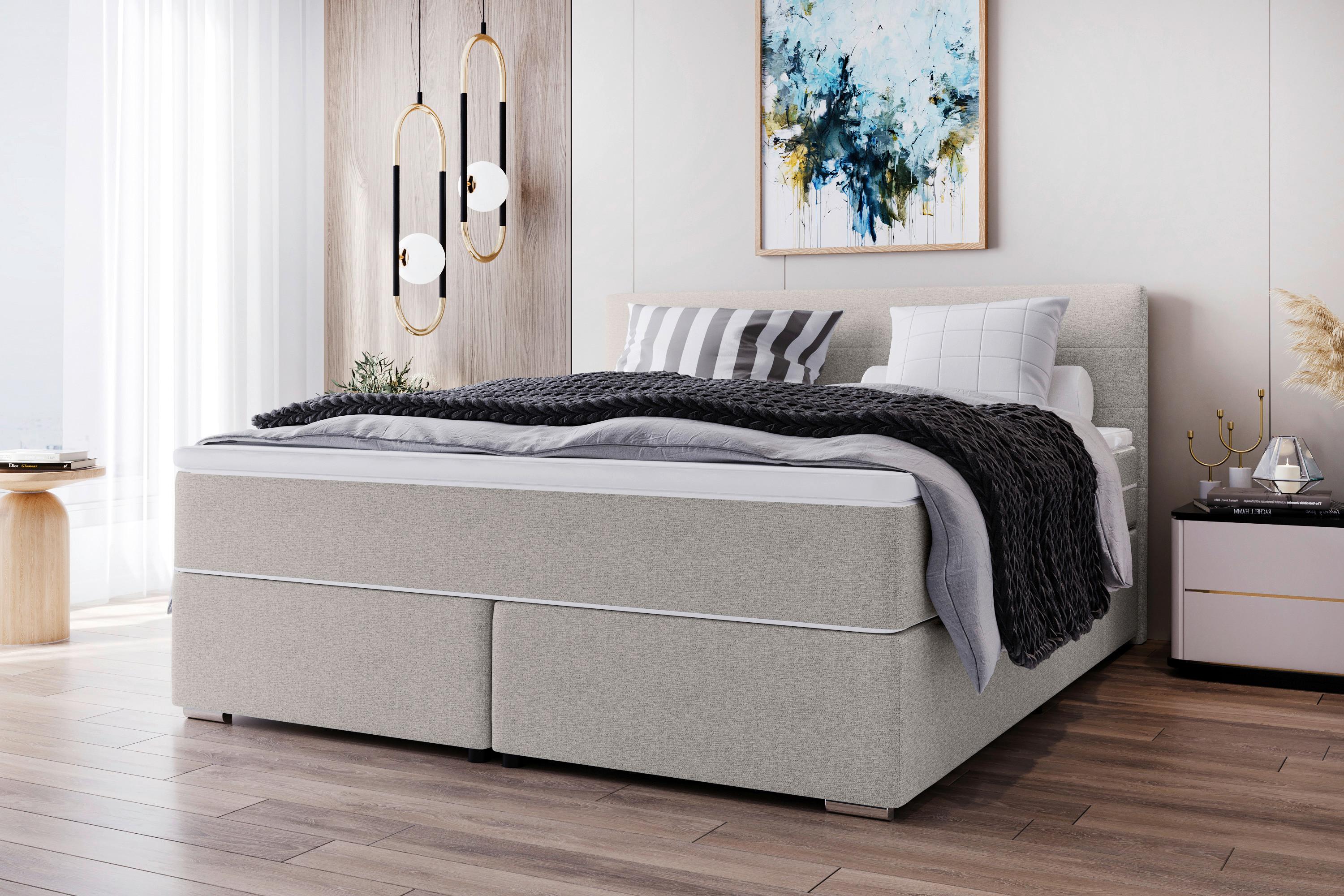 Boxspringbett mit Topper 160x200 Catania - Chromfarben/Hellgrau, KONVENTIONELL, Textil (160/200cm)