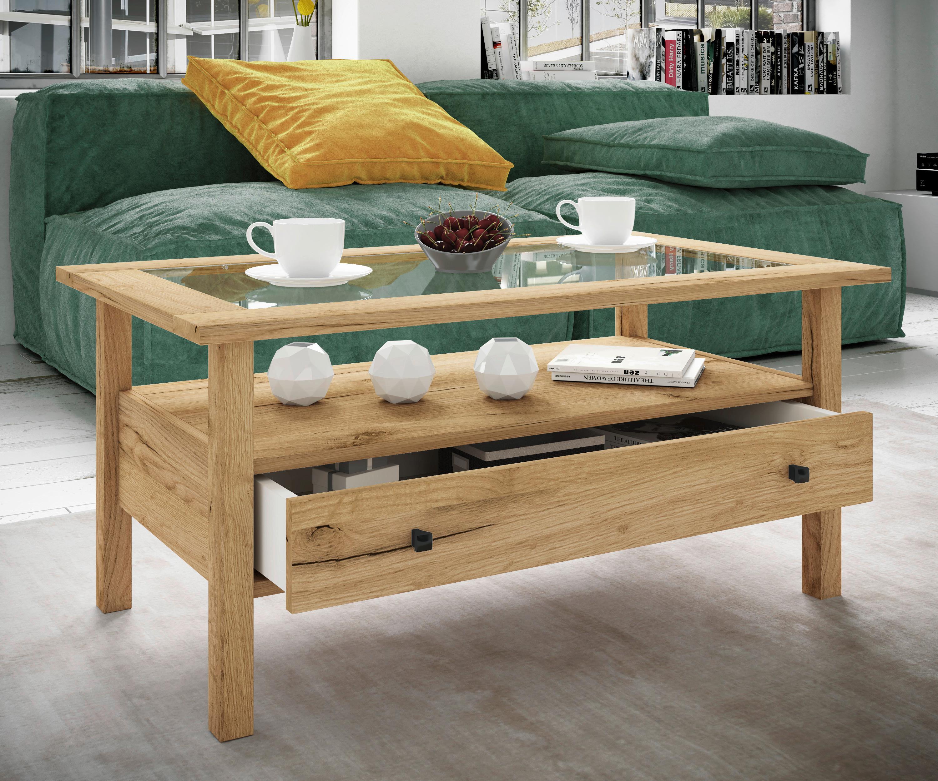Couchtisch Lingis Honigeiche Dekor - Honigeiche, LIFESTYLE, Glas/Holzwerkstoff (90/42/54cm) - MID.YOU