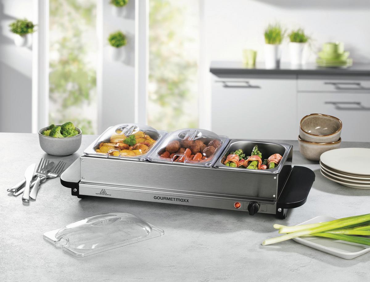 CHAFING-DISH 200W, 220-240V, 3 Behälter - Silberfarben/Schwarz, Basics, Kunststoff/Metall (54,6/14,7/27,8cm) - GOURMETMAXX