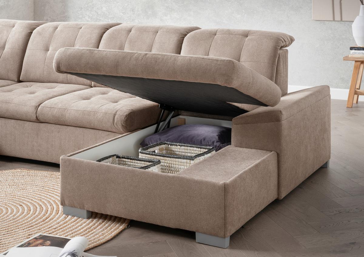 Wohnlandschaft Zira Hellbraun U: 212x330x169cm - Chromfarben/Hellbraun, MODERN, Textil (212/330/169cm) - Livetastic