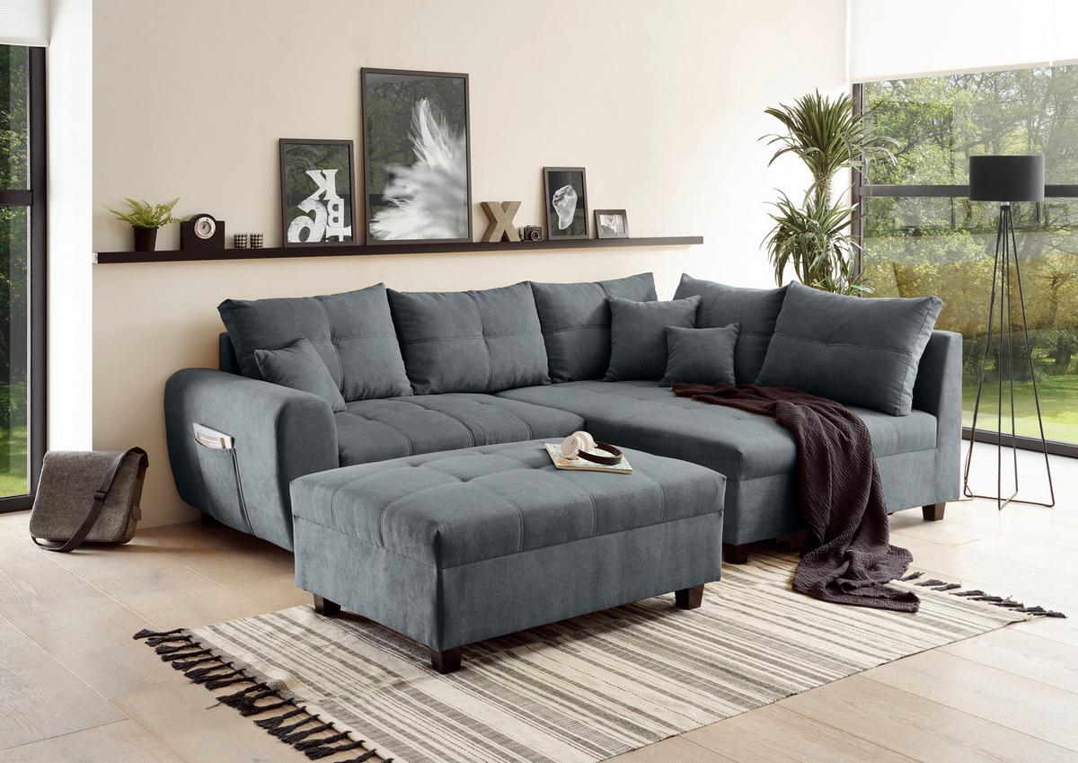 Ecksofa inkl. Kissen + Hocker Lea, Polyester-Nylon - Anthrazit/Schwarz, Basics, Holzwerkstoff/Textil (248/176cm) - MID.YOU