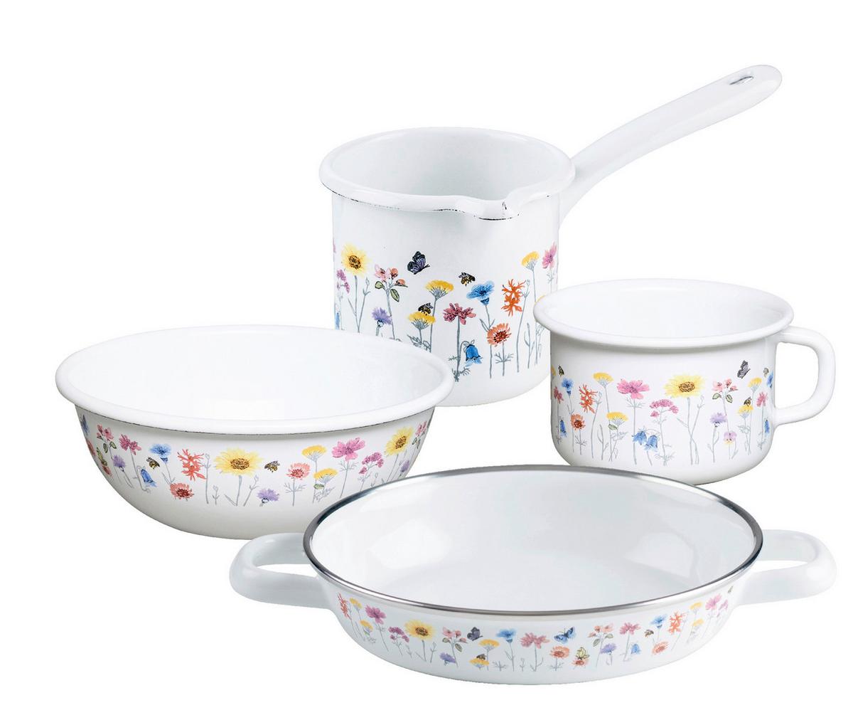 Kochtopfset Email 4-Teilig Weiß mit Blumen - Multicolor, Basics, Metall (41,60/23,80/17,30cm) - Riess