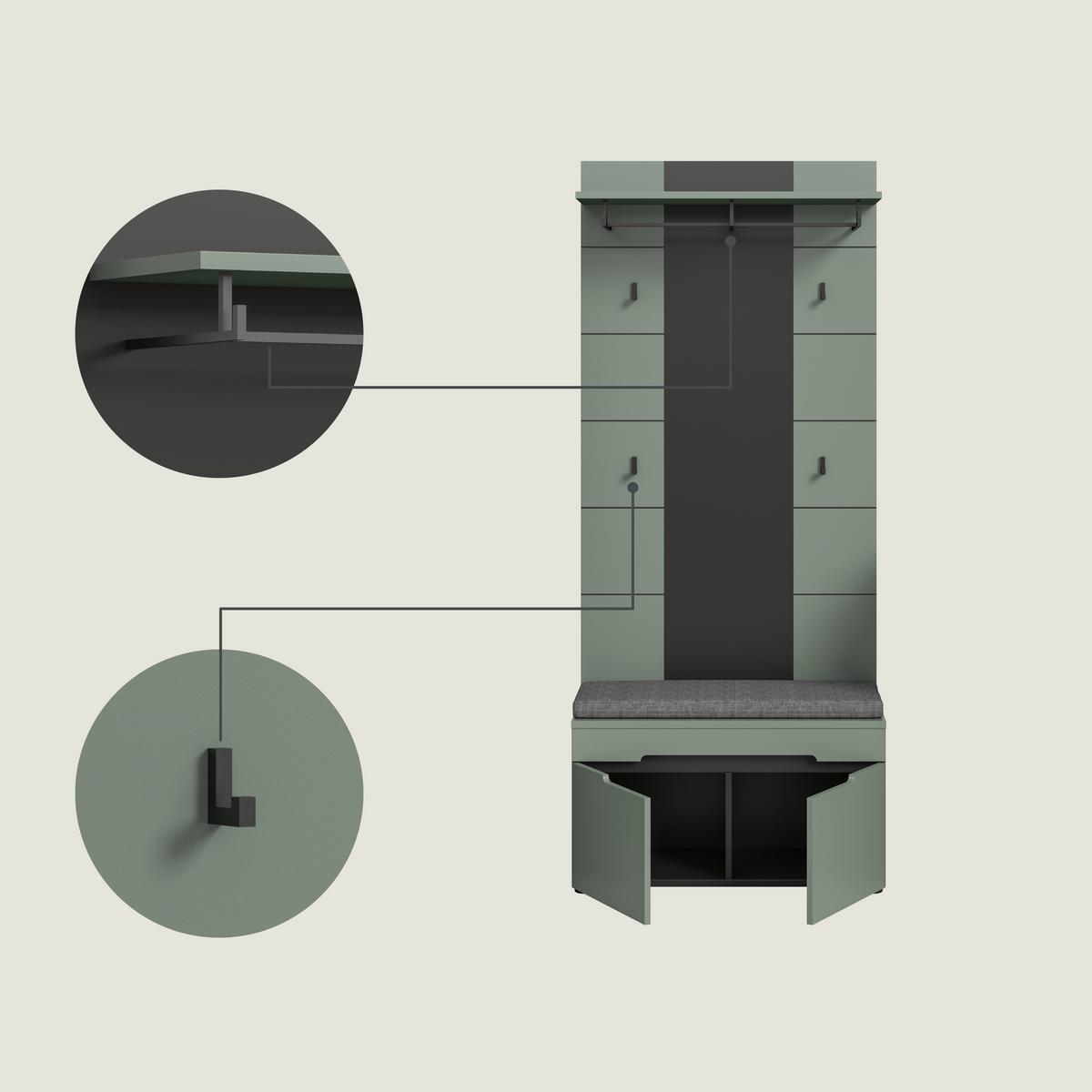 Garderobe Canu 5-Teilig Grau/Grün B: 255 cm - Graugrün/Grau, Design, Holzwerkstoff (255/190/37cm) - Livetastic