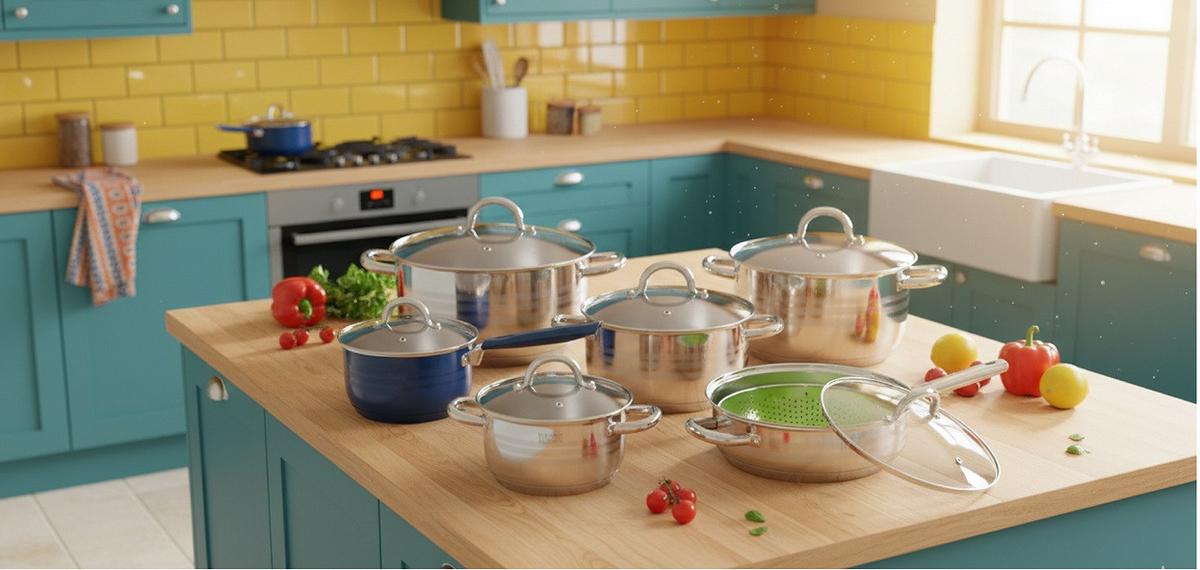 Főzőedénykészlet Perfect Home Deluxe - krómszínű, Üveg/fém