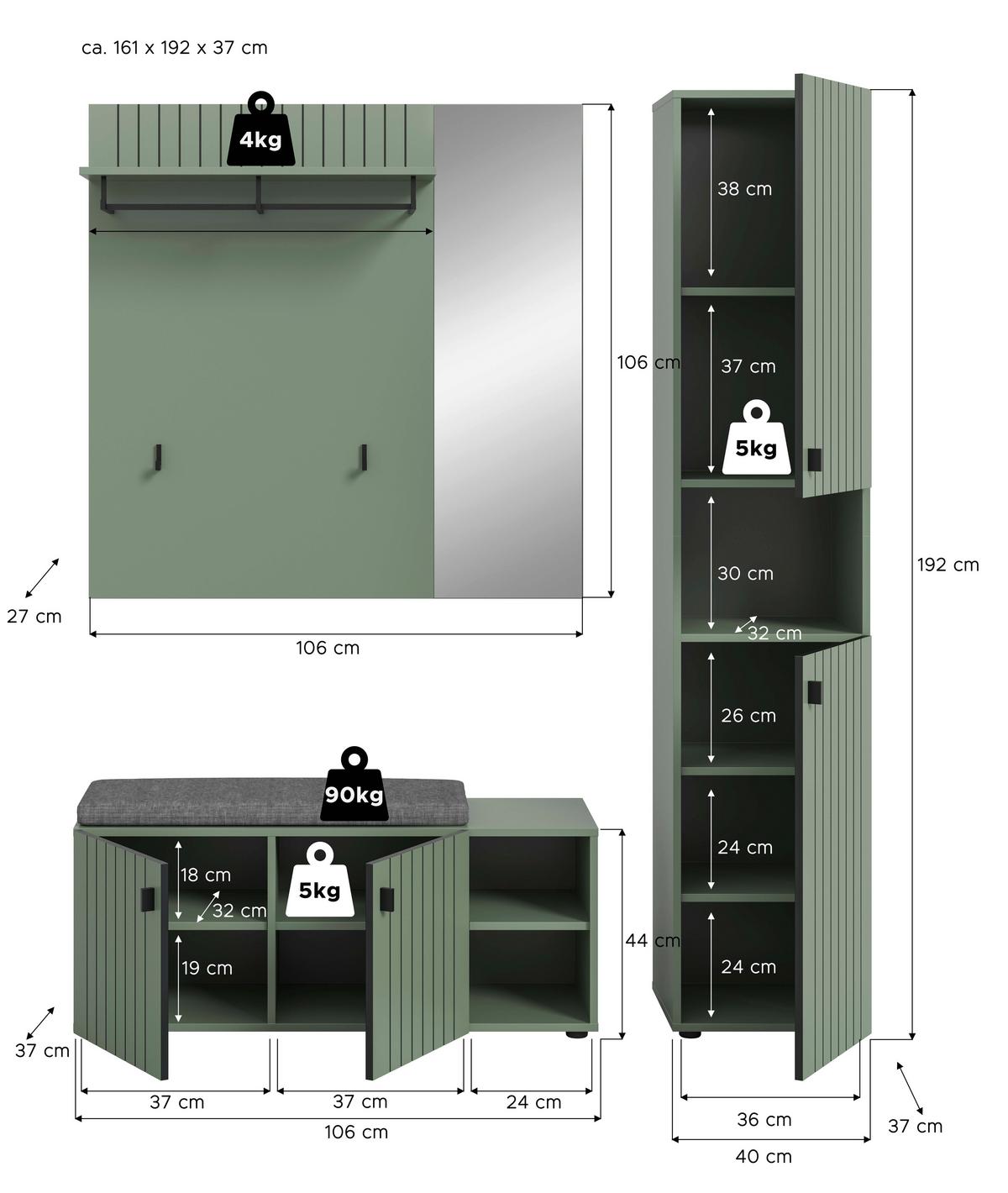 Garderobe Station Graugrün B: 161cm - Graugrün, Design, Holzwerkstoff (161/192/37cm) - MID.YOU