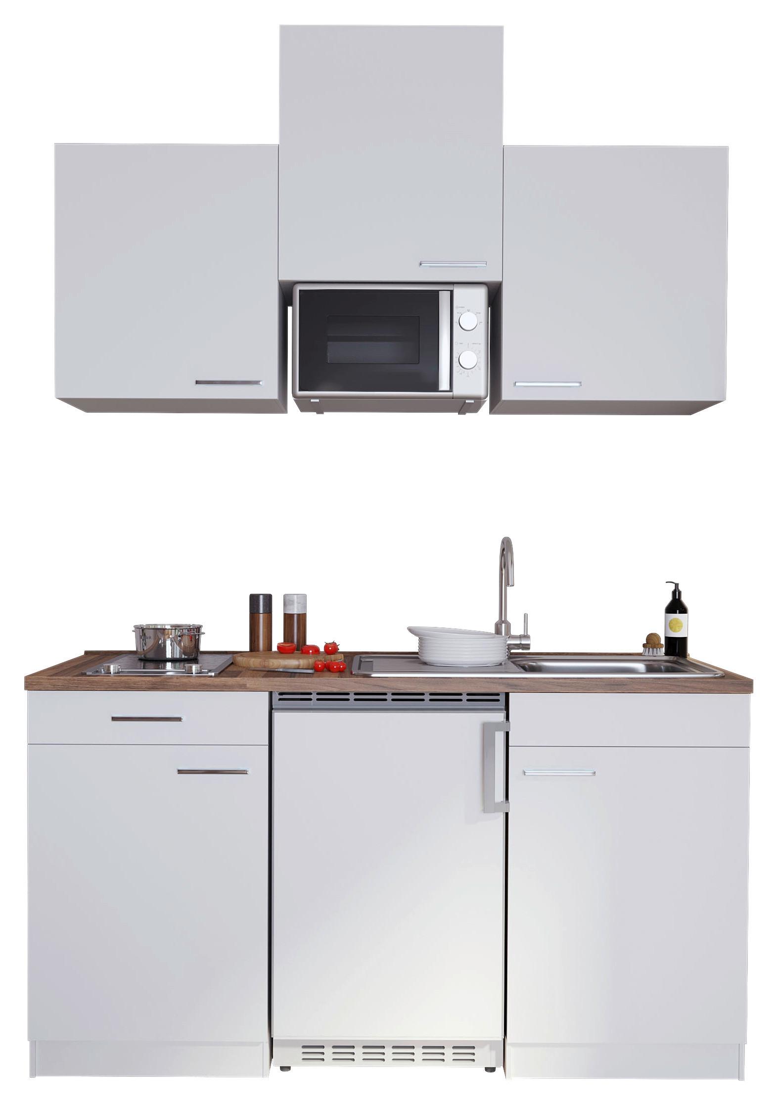 Miniküche Economy mit Geräten 150 cm Weiß/ Nussbaum Dekor - Nussbaumfarben/Weiß, Basics, Holzwerkstoff (150cm) - Respekta