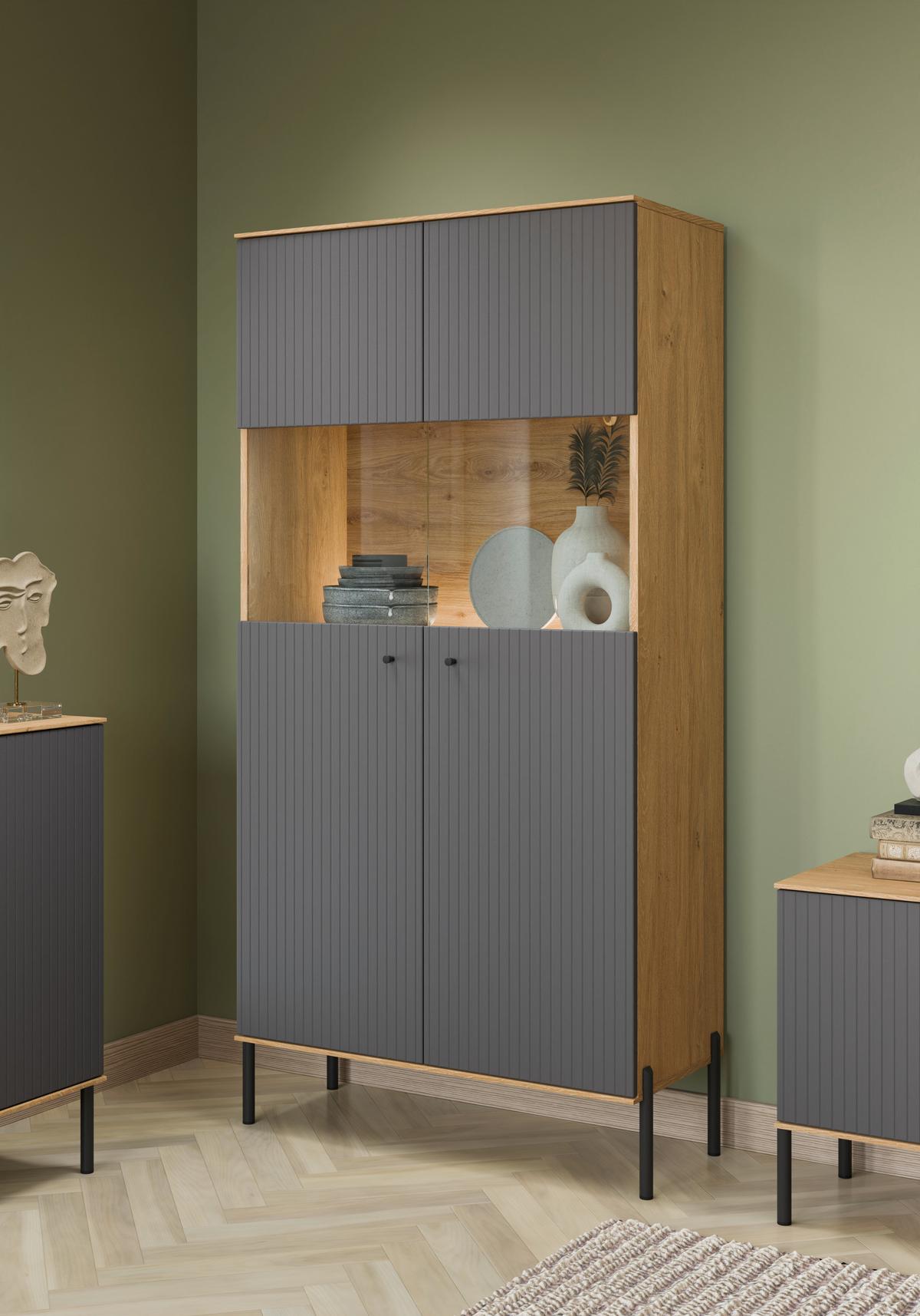 Vitrine Nurisa Anthrazit B: 90 cm - Anthrazit/Schwarz, Trend, Glas/Holzwerkstoff (90/181,3/40cm) - MID.YOU