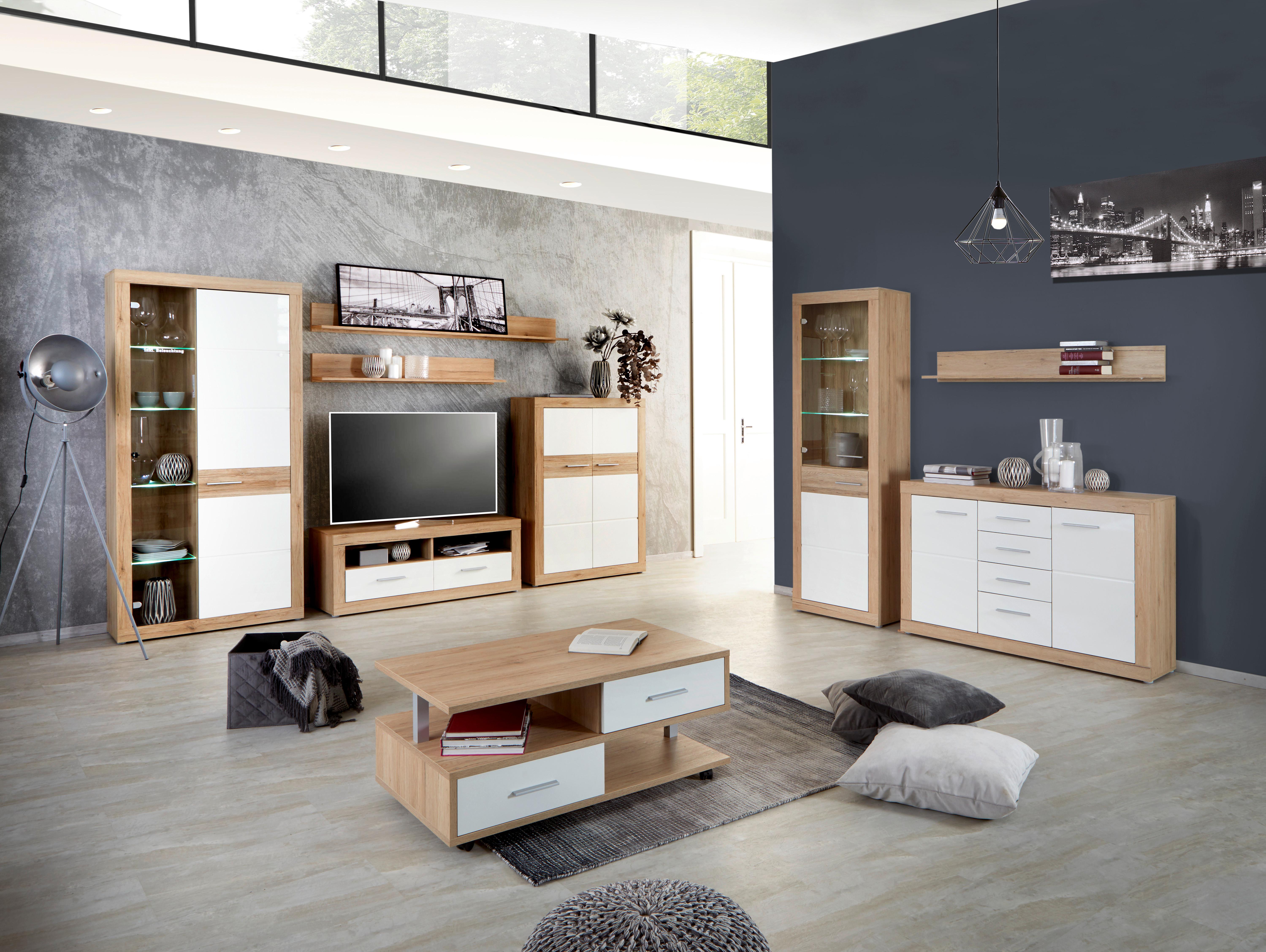 Wohnkombination 5-Tlg. mit Led Malta, Eiche Dekor/Weiß - Eichefarben/Weiß, MODERN, Glas/Holzwerkstoff (320/197/42cm)