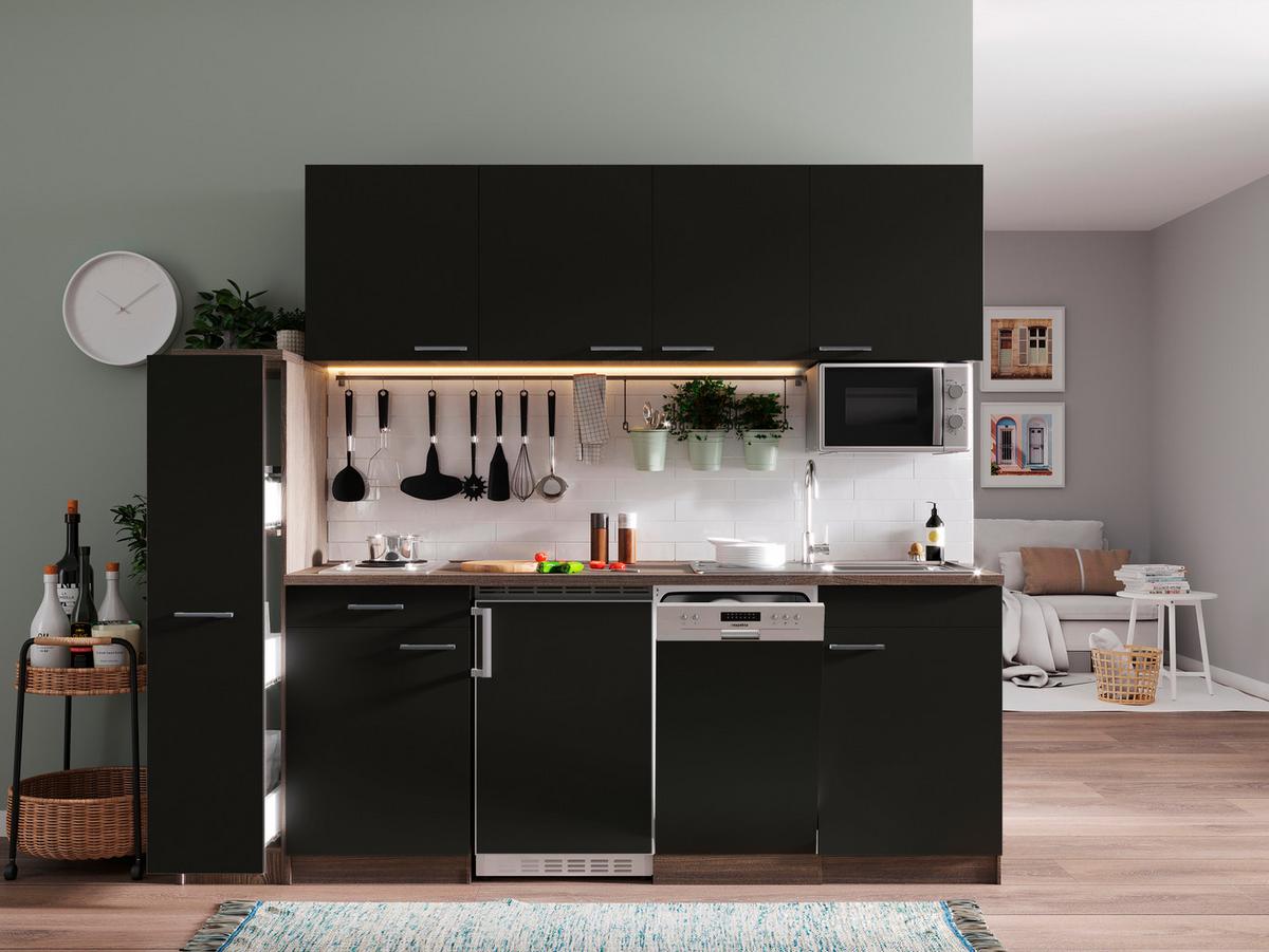 Küchenblock Oliver Singleküche 225 cm - Eichefarben/Schwarz, Basics, Holzwerkstoff (225cm) - Respekta