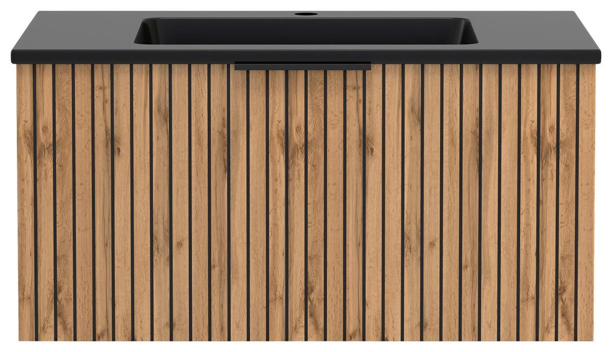 Waschbecken Mit Unterschrank Chester B: 80 Cm - Eiche Wotan/Schwarz, MODERN, Holzwerkstoff/Stein (80cm) - Held