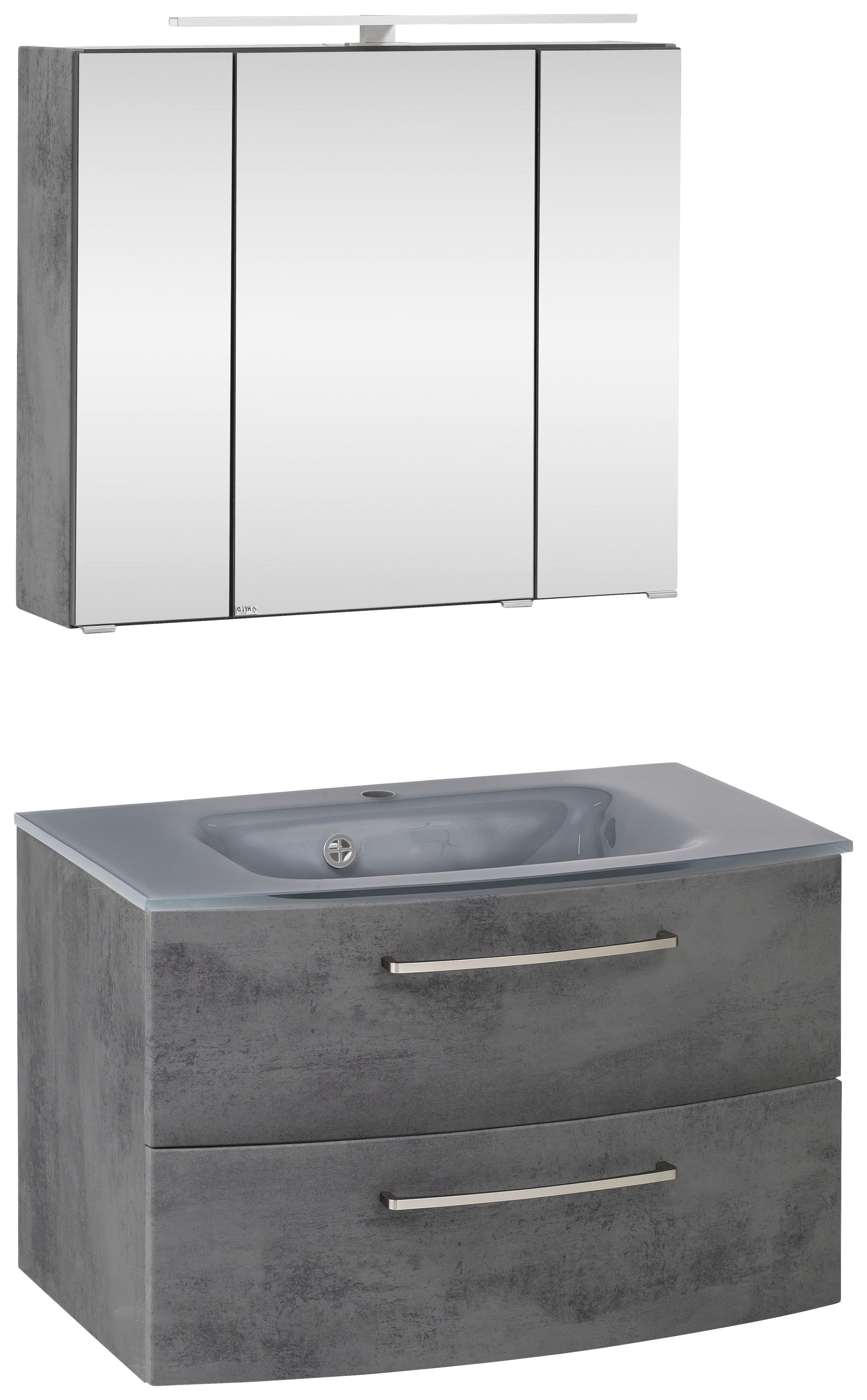 Badmöbel-Set 3-Tlg. inkl. LED Stockholm 80cm Grau - Dunkelgrau/Grau, KONVENTIONELL, Glas/Holzwerkstoff (80cm) - Held