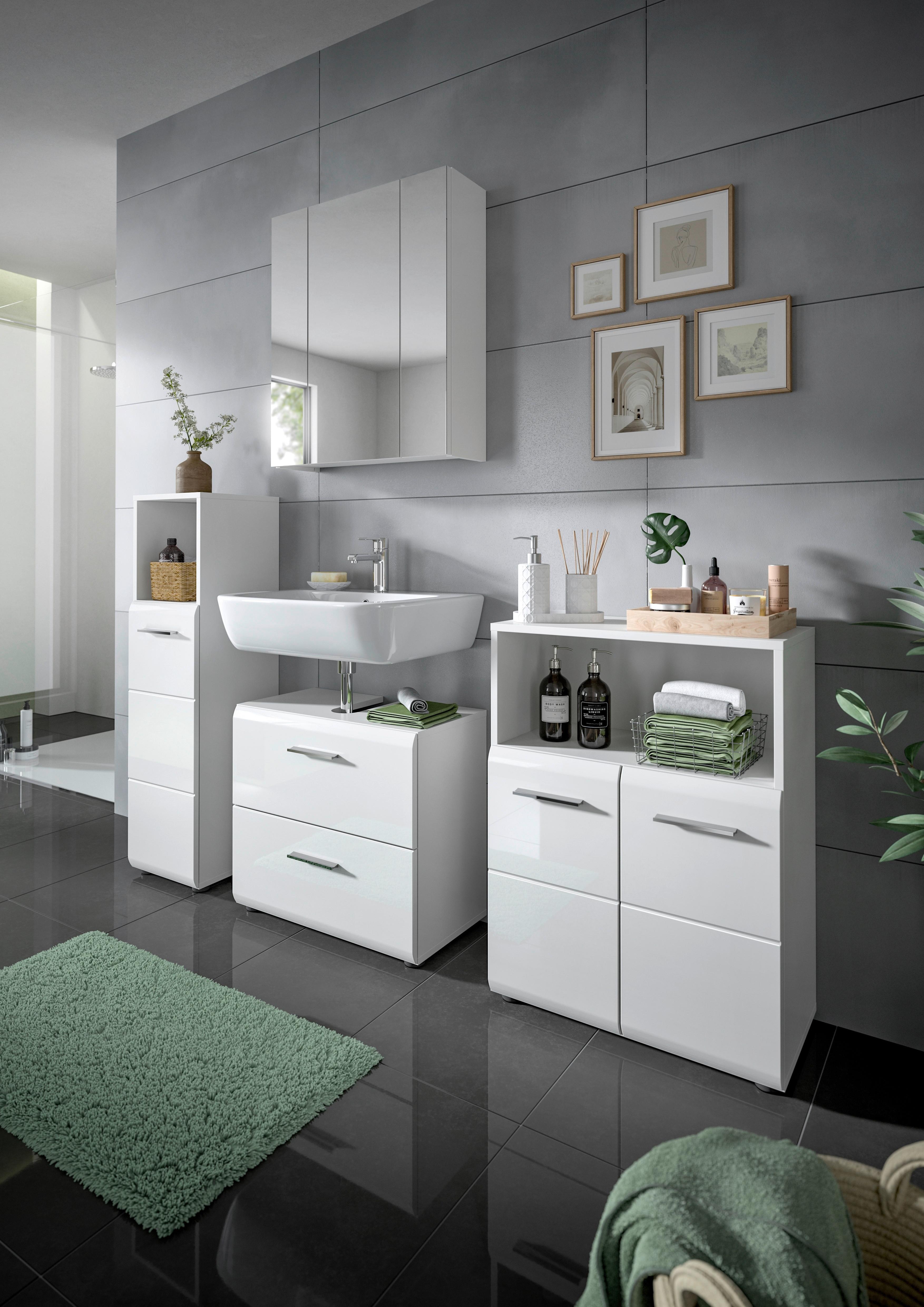 Badezimmer Ice Weiß Hg B: 150 cm - Weiß Hochglanz/Schwarz, MODERN, Glas/Holzwerkstoff (150cm) - MID.YOU