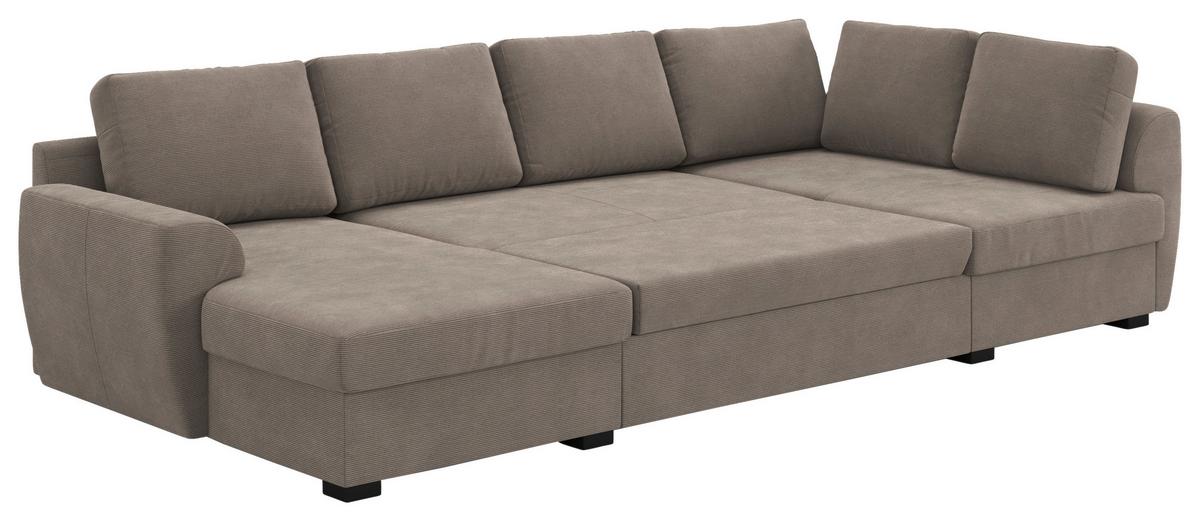Wohnlandschaft m. Bettfunktion Cord taupe, B: 327cm - Taupe/Schwarz, Trend, Textil (154/327/86cm) - MID.YOU