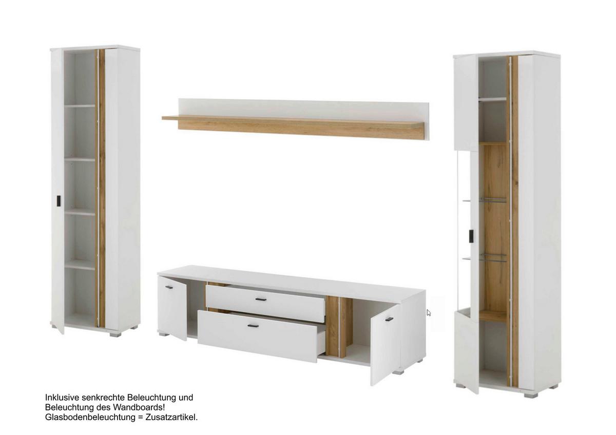 Wohnwand Long Island Weiß/Eiche Wotan B: 330cm - Silberfarben/Eiche Wotan, Design, Glas/Holzwerkstoff (330/200/42cm) - MID.YOU