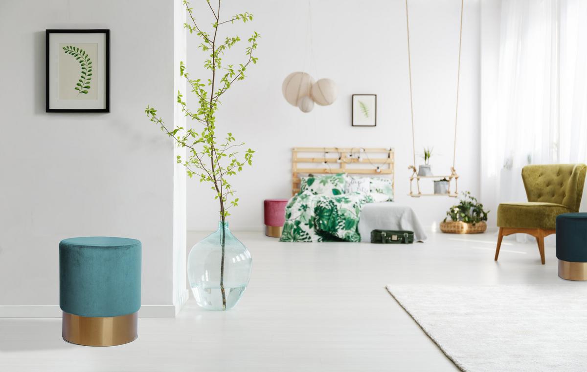 Hocker: Nano Samt Petrol/Goldfarben H: 42 cm - Goldfarben/Petrol, Basics, Holz/Holzwerkstoff (35/42cm) - Kayoom