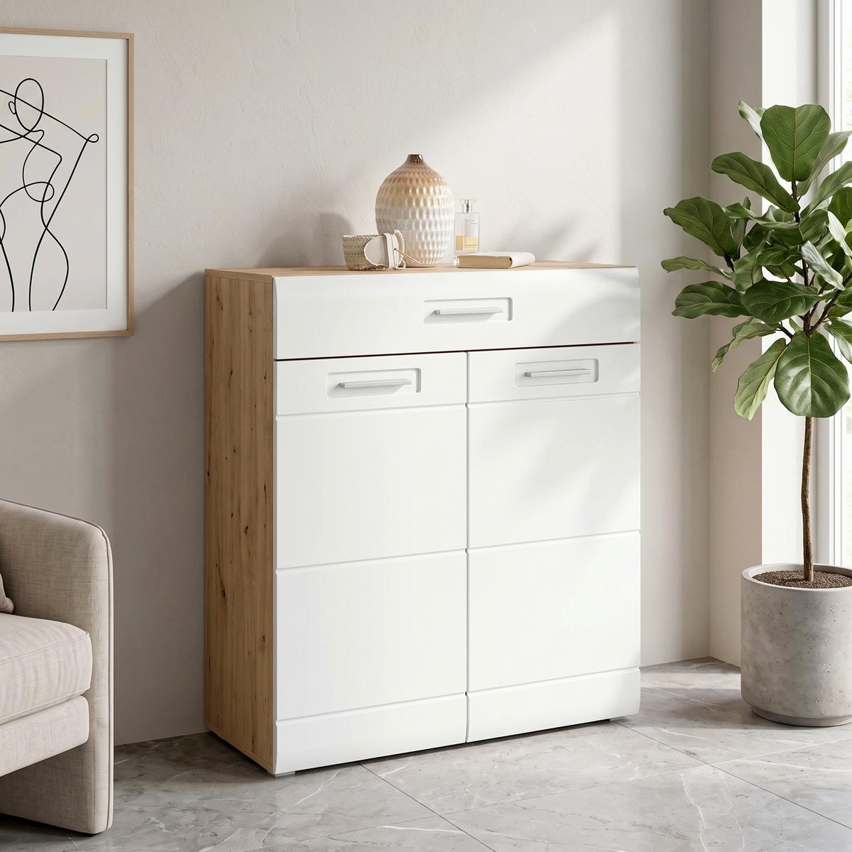 Kommode B: 85 cm Auris Weiß/Eichefarben - Eichefarben/Weiß, MODERN (85/99,6/37,1cm) - Luca Bessoni