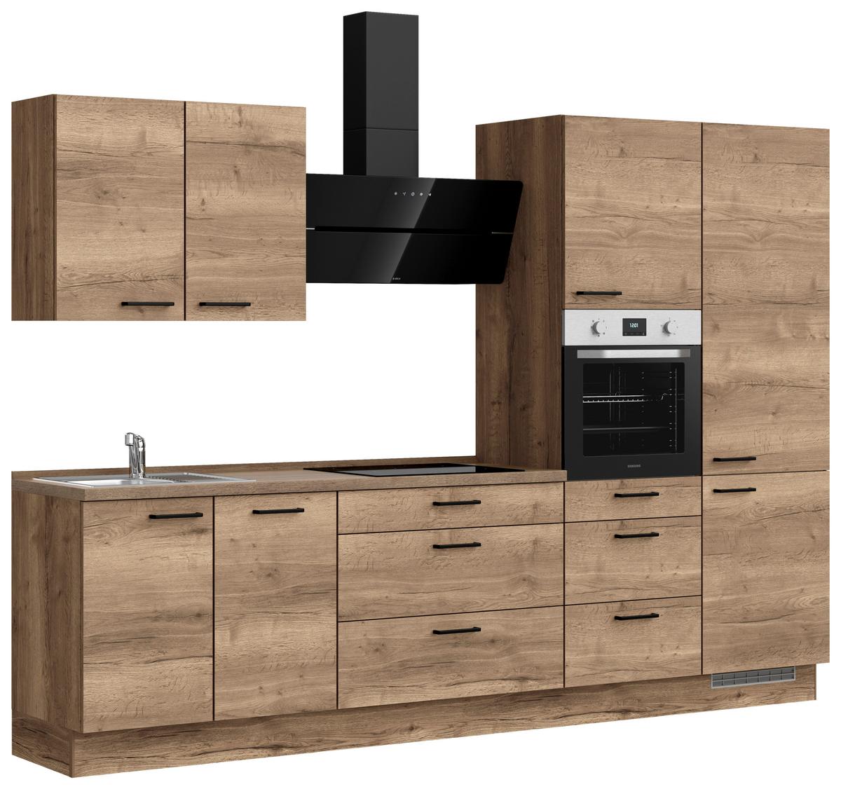 Kuchyňská linka 300 cm, dekor dub Havanna - černá/tmavý dub, Moderní, kov/kompozitní dřevo (300cm) - Nobilia