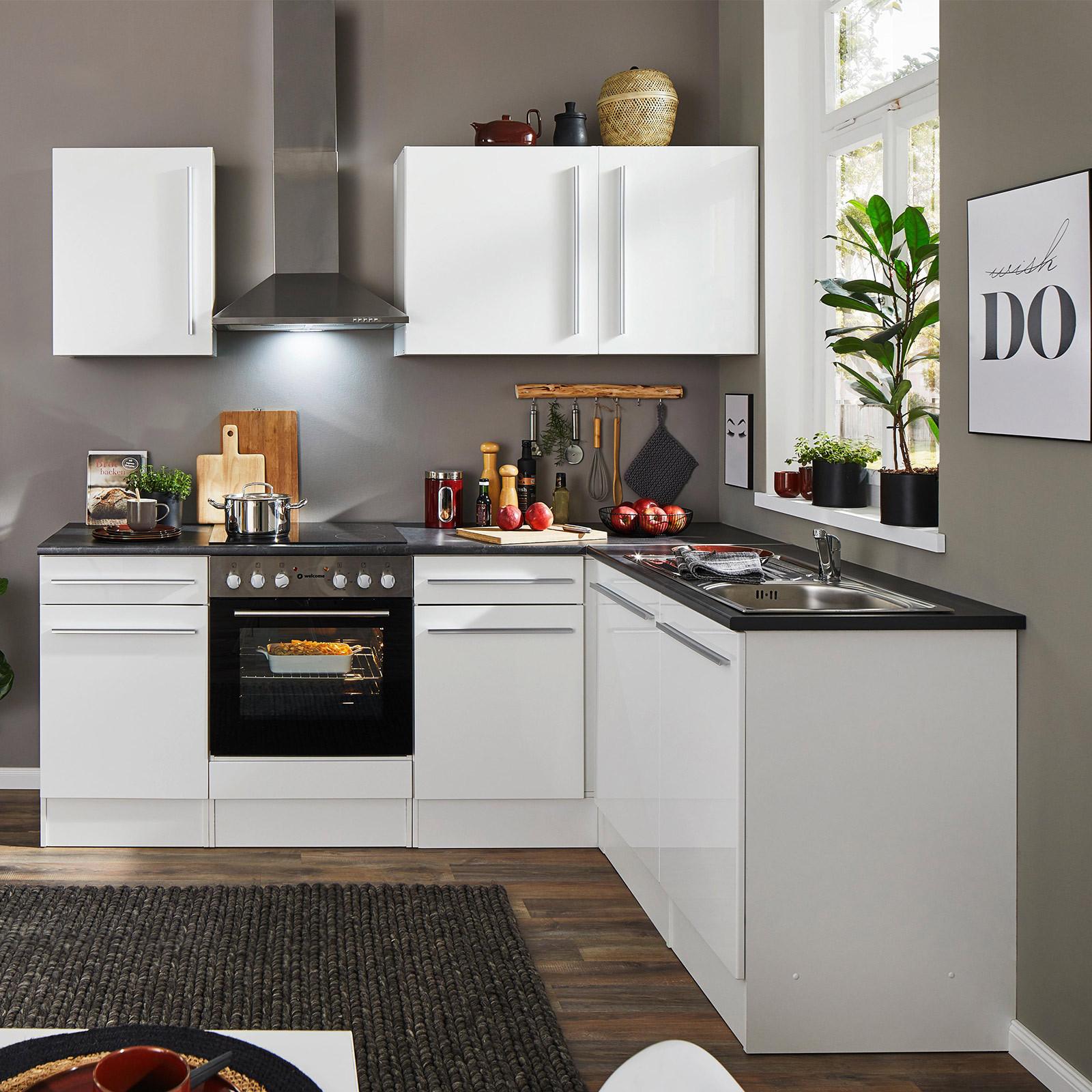 Eckküche Jazz 8 220 Weiß S: 220x175 cm - Weiß Hochglanz/Anthrazit, LIFESTYLE, Holzwerkstoff (220/175cm) - P & B