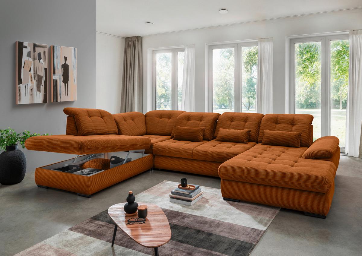 Wohnlandschaft mit Bettkasten Rigatti Goldfarben B: 387 cm - Goldfarben/Schwarz, MODERN, Textil (252/387/184cm) - Livetastic