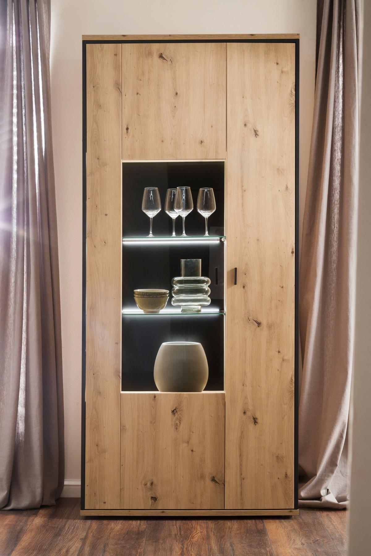 Vitrine Buenos Aires B: 93 cm Anthrazit/Eichefarben - Klar/Eichefarben, Design, Glas/Holzwerkstoff (93/210/38cm) - MID.YOU