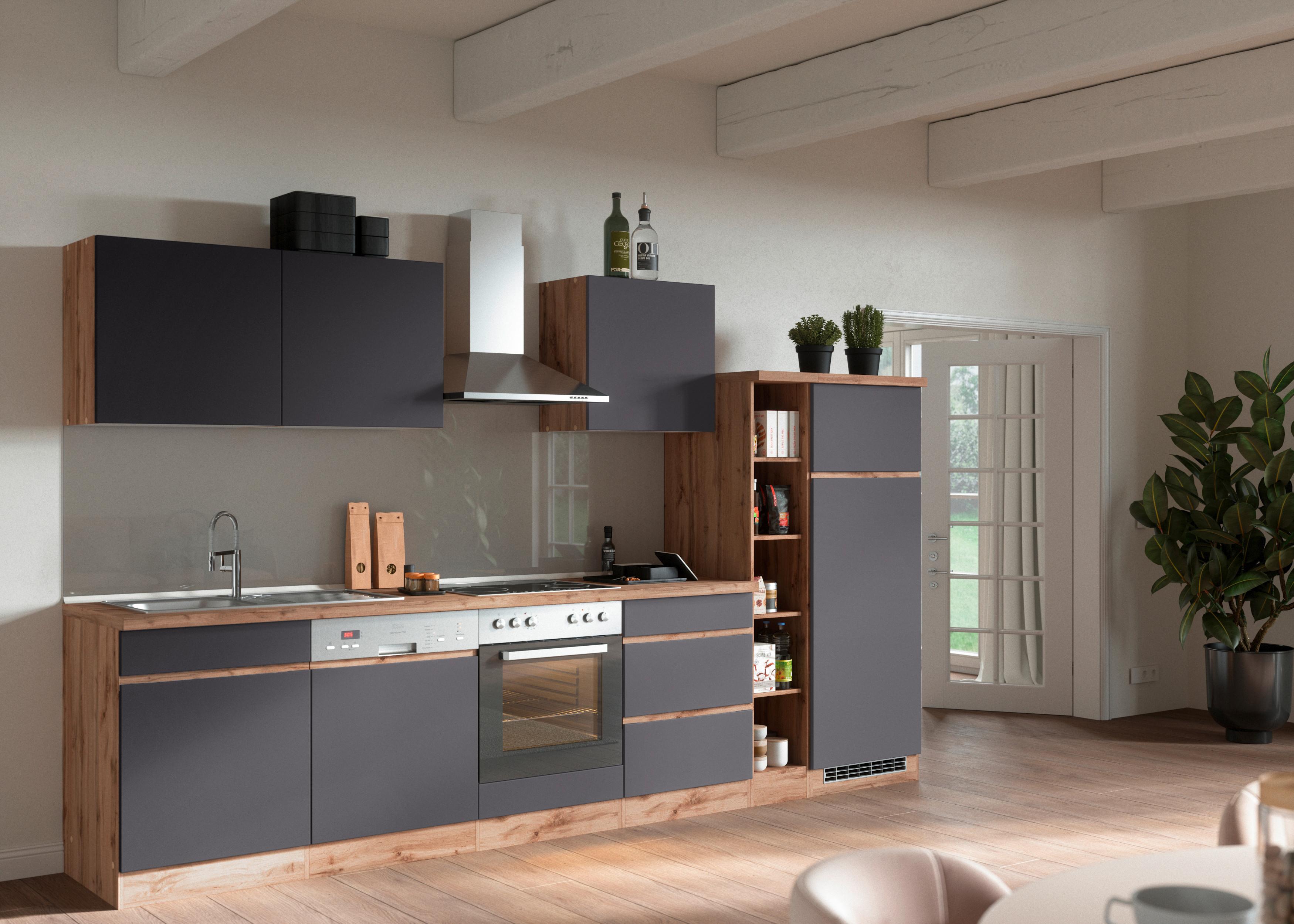 Küchenzeile Turin ohne Geräte B: 330cm Grau/Wotaneiche Dekor - Eiche Wotan/Grau, Design, Holzwerkstoff (330cm) - Held