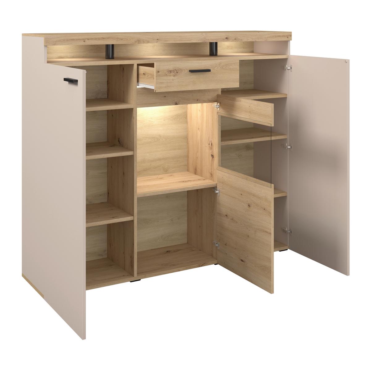 Highboard Strada Giga Eiche Artisan/Kashmir, B:151cm - Kaschmir/Schwarz, Trend, Glas/Holzwerkstoff (151/129/37cm)