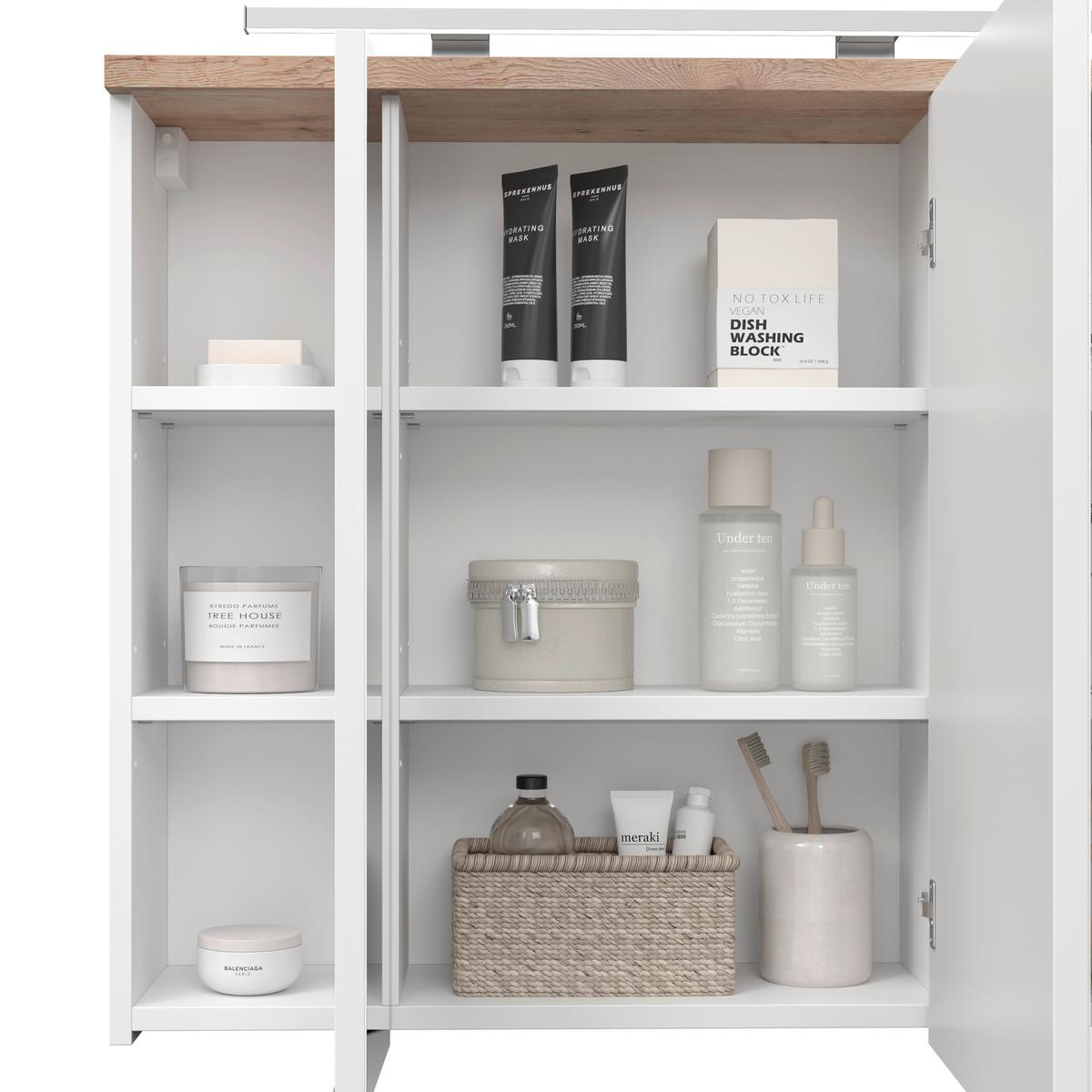 Spiegelschrank Marbella mit LED 3-türig BHT: 80x70x20 cm - Weiß, MODERN, Glas/Holzwerkstoff (80/70/20cm)