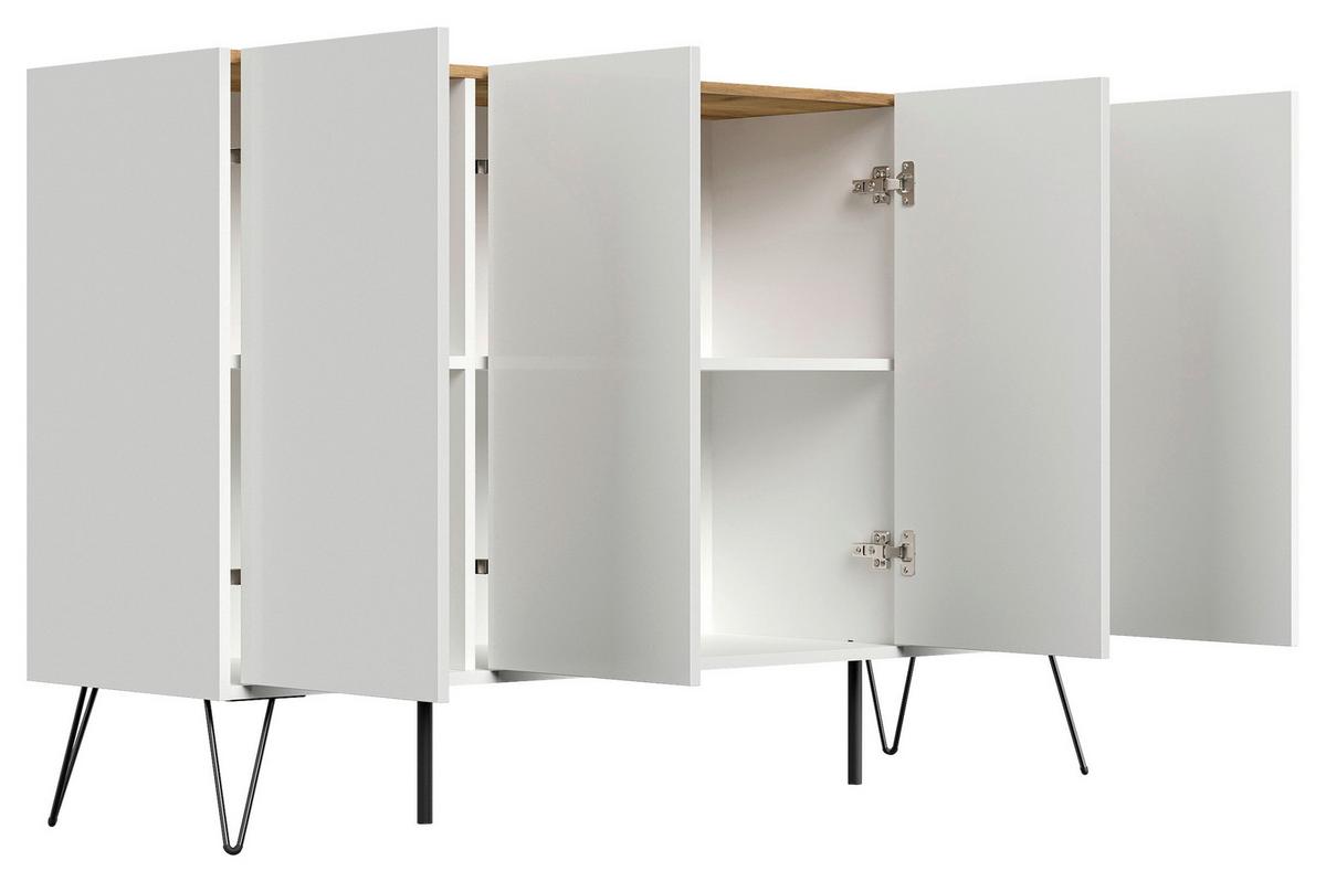 Sideboard Posseik Industrial Weiß/eichefarben B: 155 Cm - Weiß Hochglanz/Eichefarben, Design, Holzwerkstoff (155/93,6/42cm) - P & B