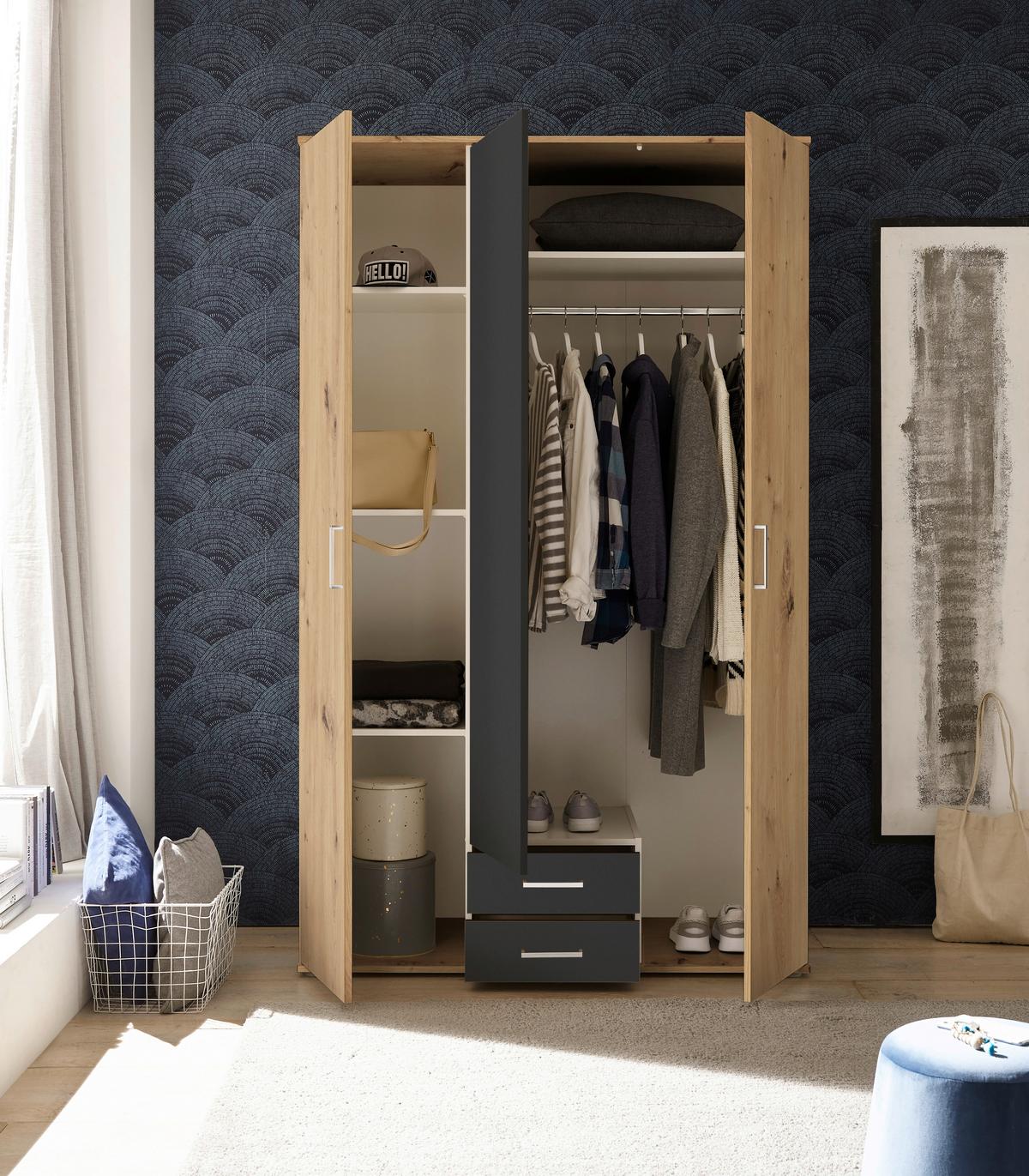 Skříň s otočnými dveřmi PAUL š.120cm, dub Artisan/grafit - bílá/barvy grafitu, Romantický / Rustikální, kompozitní dřevo/plast (119,6/196,3/53,5cm)