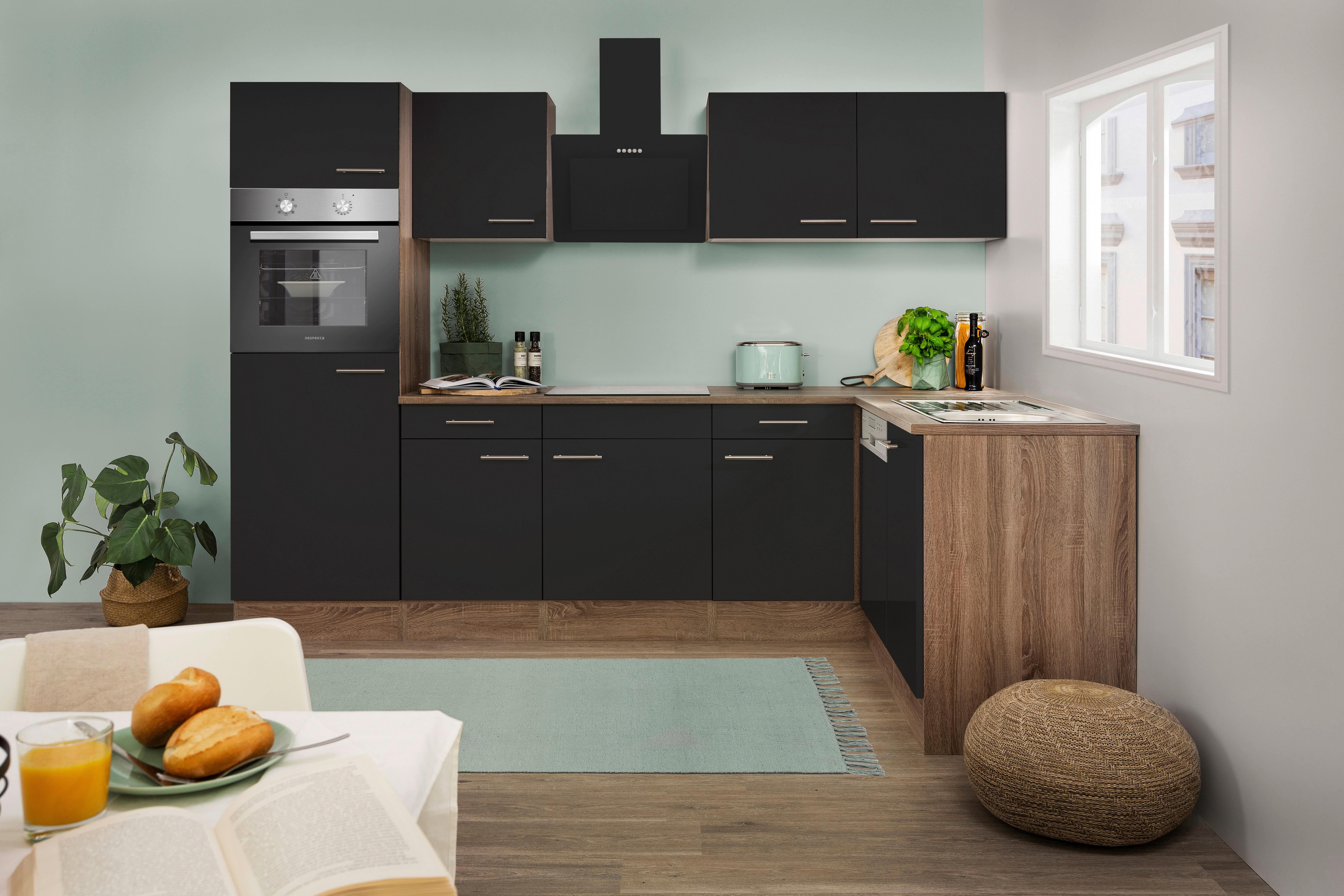 Eckküche Oliver L-Küchenblock 280 Cm - Eichefarben/Schwarz, Basics, Holzwerkstoff (280/172cm) - Respekta