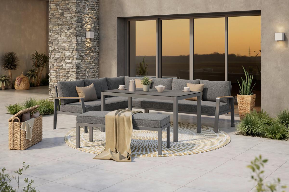 Loungegarnitur 3-Tlg Lecce Metall/Textil/Glas mit Kissen - Anthrazit/Schwarz, MODERN, Glas/Textil (194/255cm) - Beldano