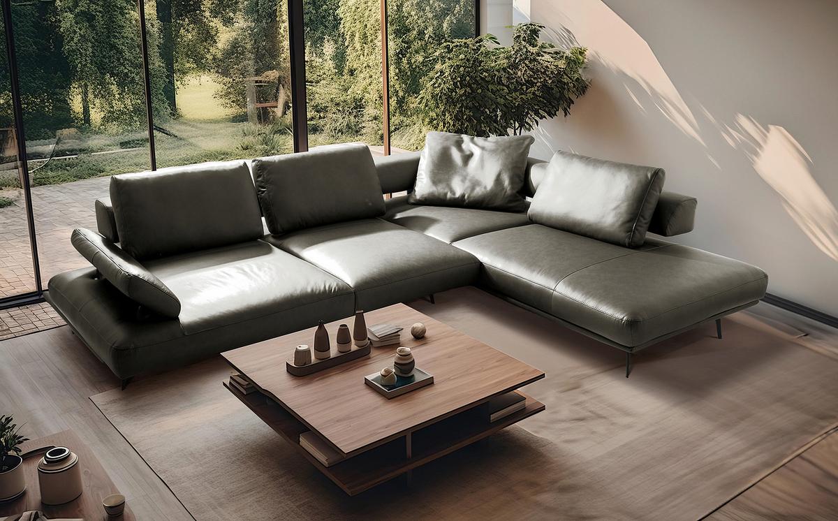 Ecksofa Como Echtleder Grau 306x237 - Schwarz/Grau, Design, Leder (306/237cm) - Livetastic