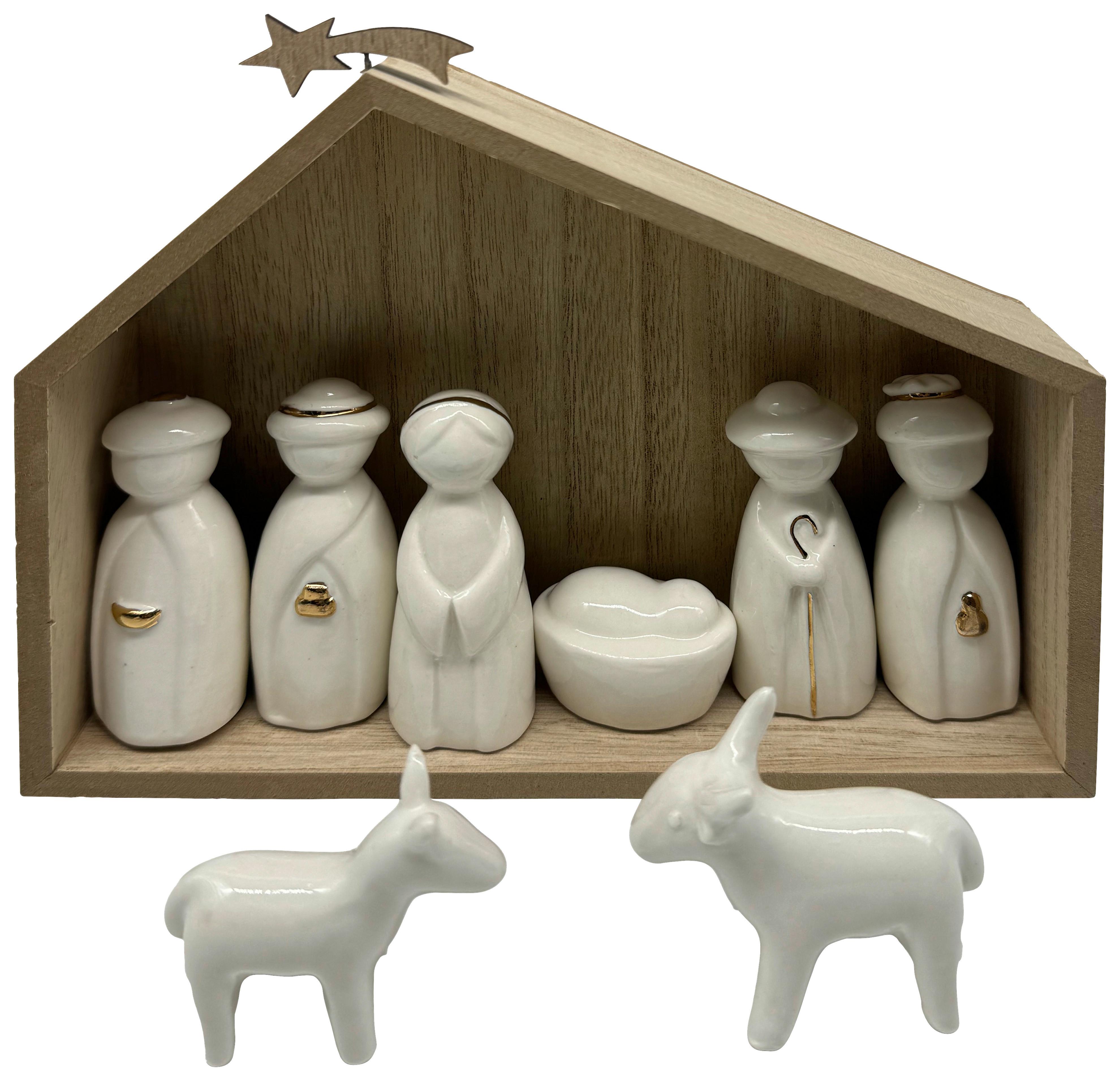 Jasličky 8 figúriek - biela/zlatá, Konventionell, kompozitné drevo/keramika (20/18/4,8cm) - Mömax