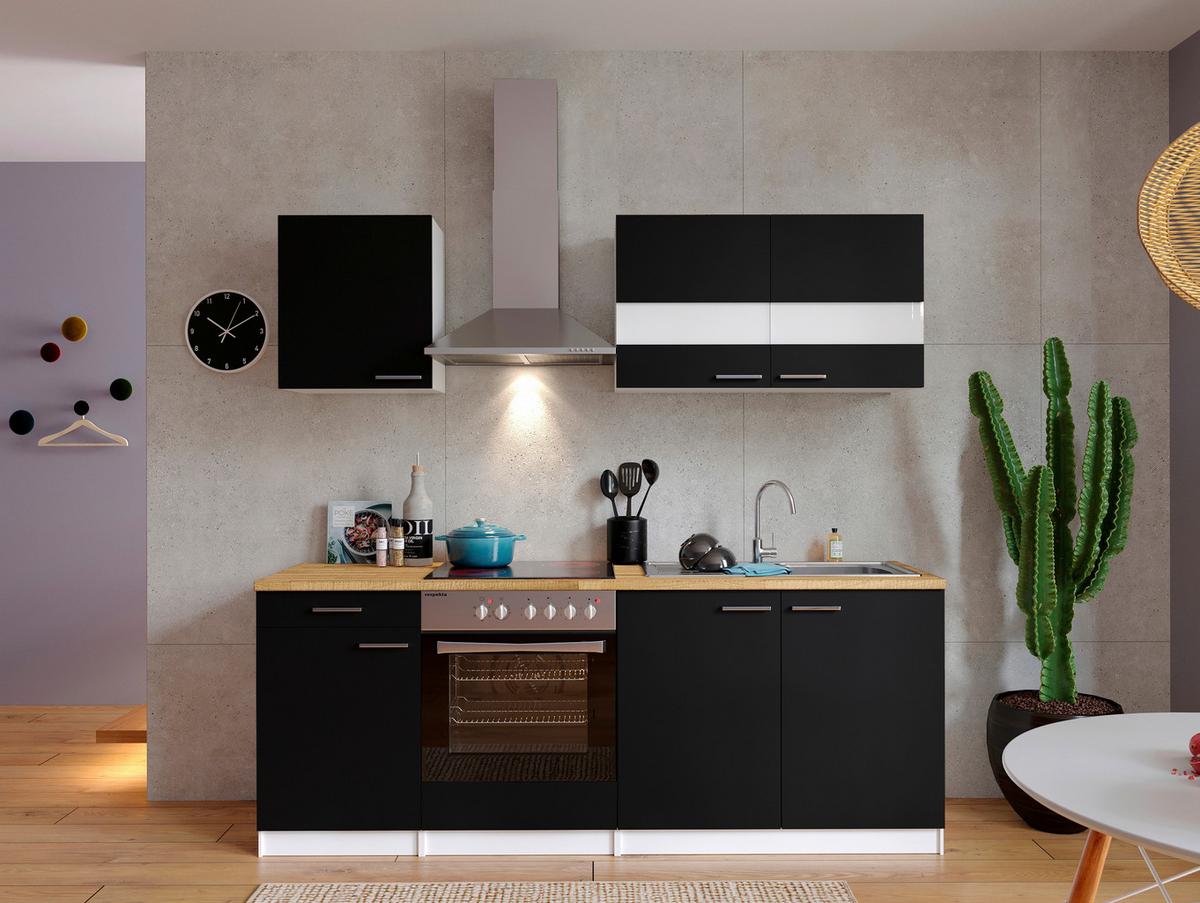 Küchenzeile Economy mit Geräten 210 cm Schwarz/Nussbaum Dekor - Nussbaumfarben/Schwarz, Basics, Holzwerkstoff (210cm) - Respekta