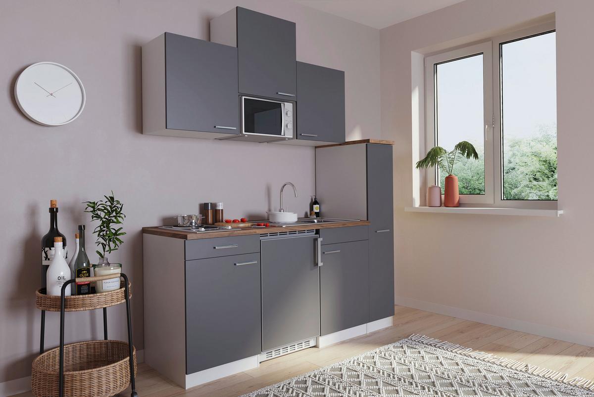 Küchenzeile Economy mit Geräten 180 cm Grau/Nussbaum Dekor - Nussbaumfarben/Weiß, Basics, Holzwerkstoff (180cm) - Respekta