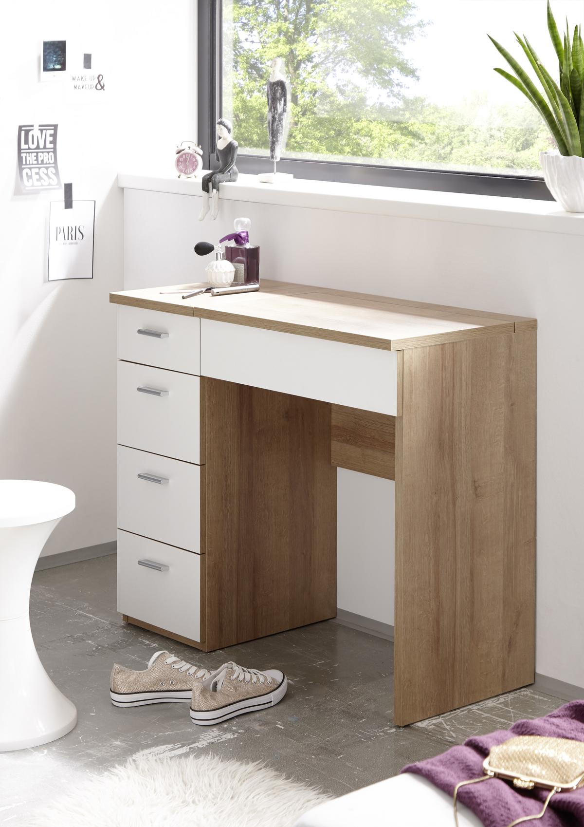 Schminktisch Make Up Weiß/ Eiche Dekor 90 cm - Weiß/Sonoma Eiche, Design, Holzwerkstoff (90/76/42cm) - Xora