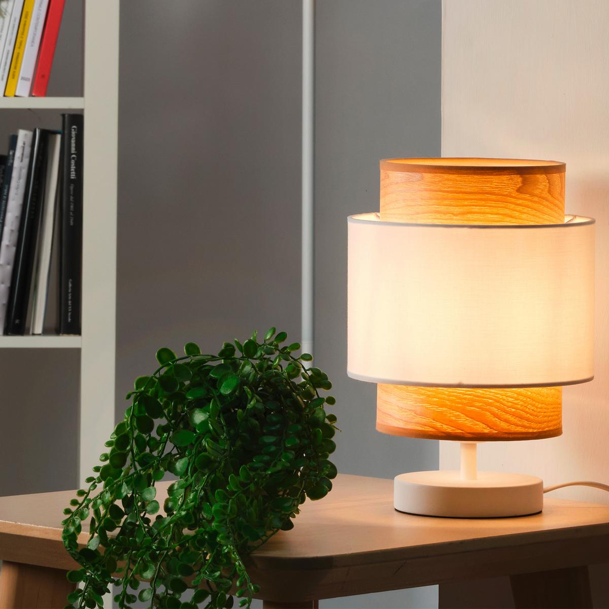 Tischleuchte Legno Braun Weiß Hg D: 20 cm - Weiß Hochglanz/Braun, Basics, Kunststoff/Textil (20/25cm)